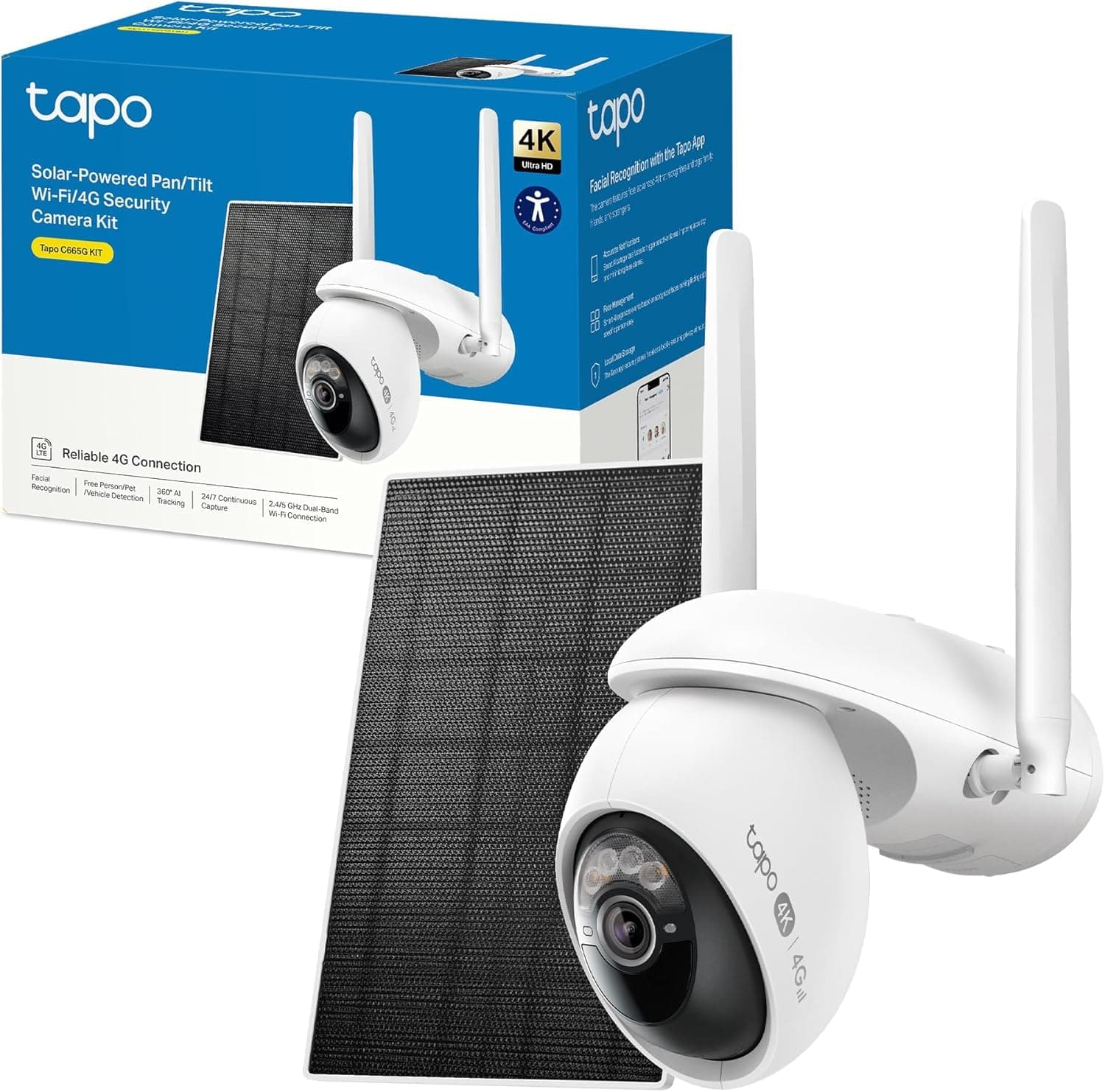 Tapo C665G Kit - 4K Cámara de Seguridad Exterior con Panel Solar, 4G LTE y WiFi, visión Nocturna a Color, detección IA, Seguimiento 360°, batería Recargable, IP65