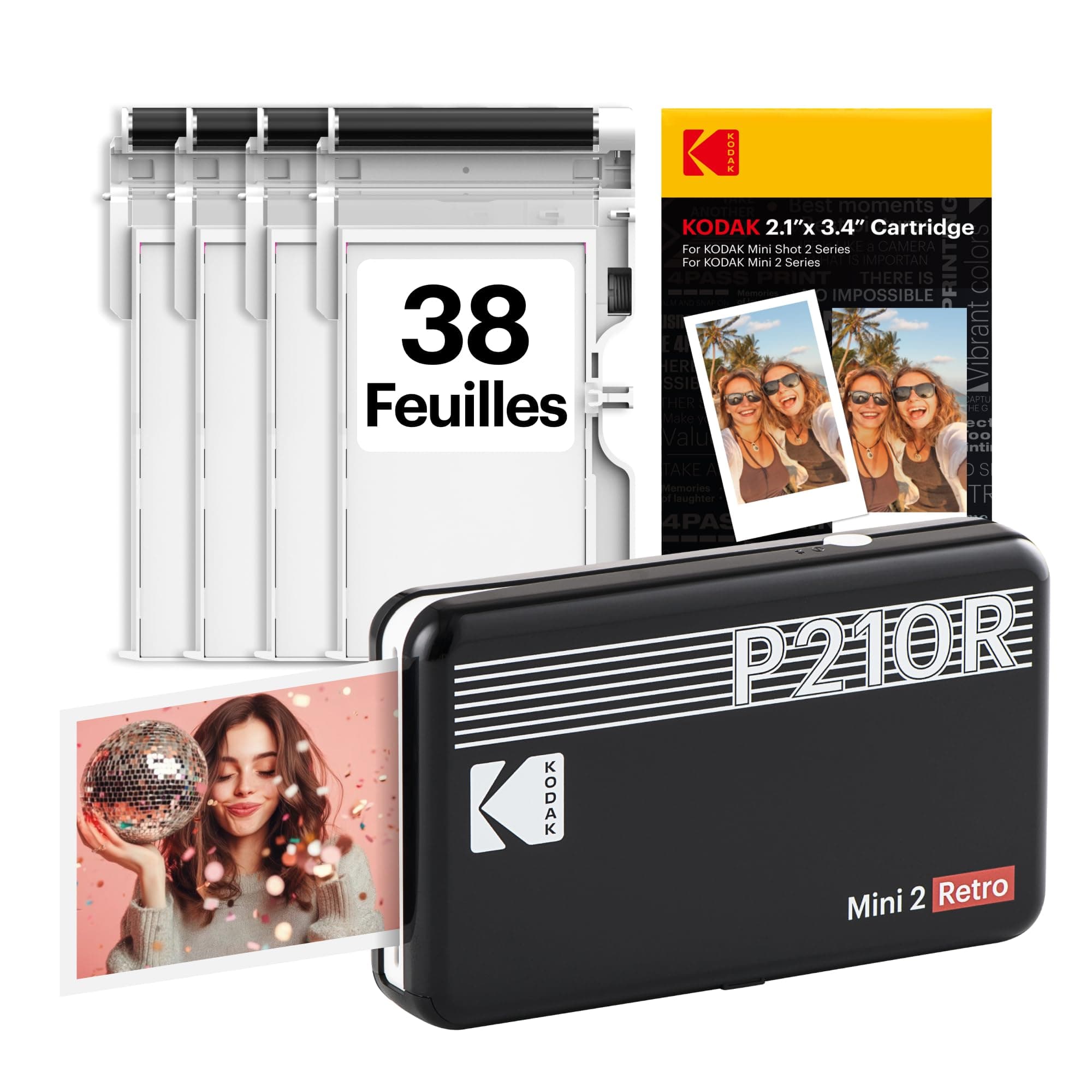 Imprimante photo portable KODAK Mini 2 Retro 4PASS (5,3 x 8,6 cm) + paquet de 38 feuilles, noir