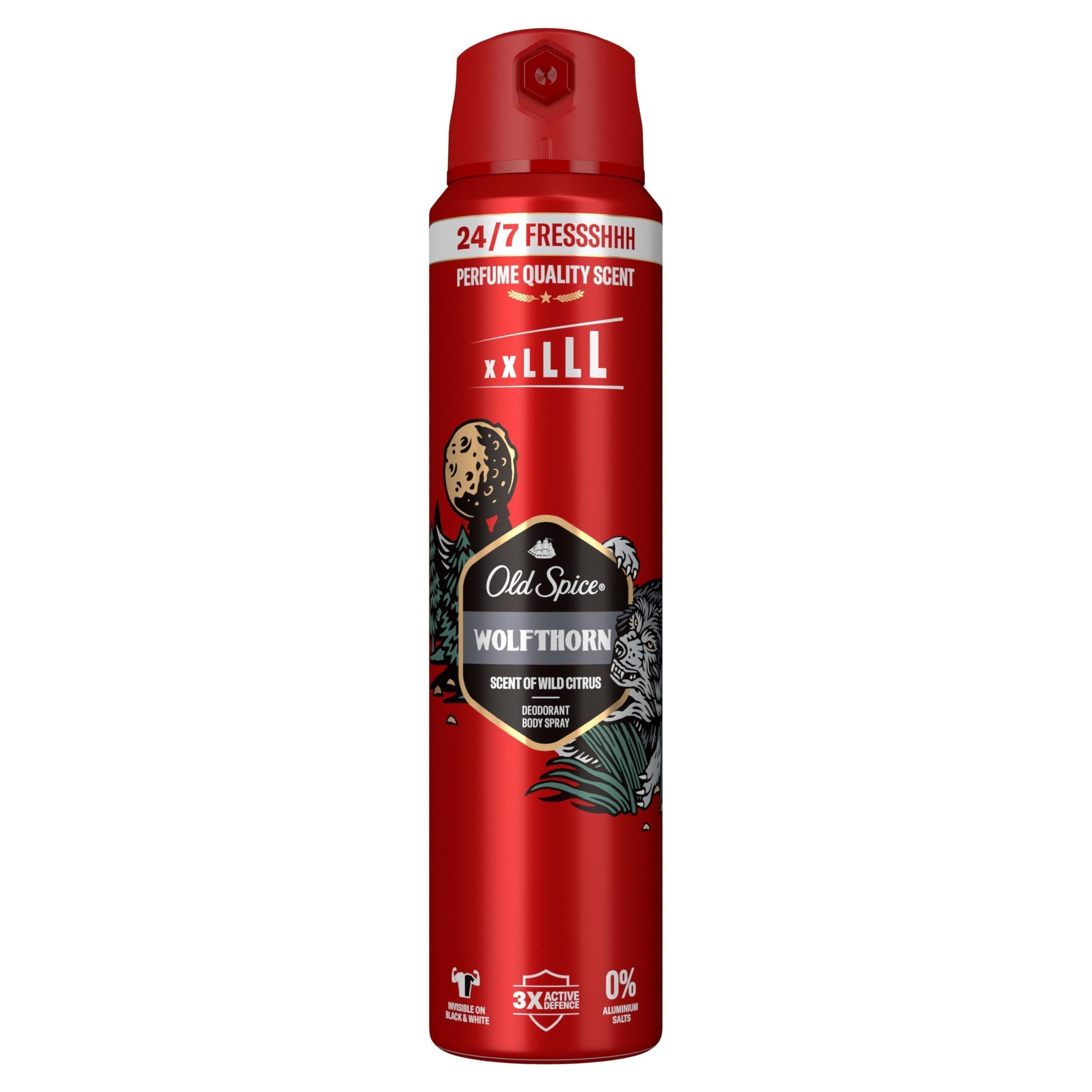 Old Spice Wolfthorn Deospray für Männer 250 ml, 24/7 Frischhh bei täglicher Anwendung, lang anhaltender Duft in Parfumqualität, Schutz vor Gerüchen, 0% Aluminiumsalze, unsichtbar auf Schwarz und Weiß