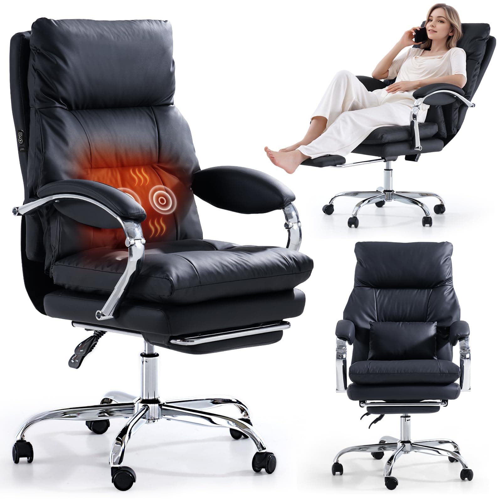EMIAH Silla de Oficina Ejecutiva con Reposapiés, Silla de Escritorio con Reposabrazos, Silla Acolchado Reclinable de Cuero PU con Calentamiento y Masaje, Silla de Ordenador con Ruedas, Negro