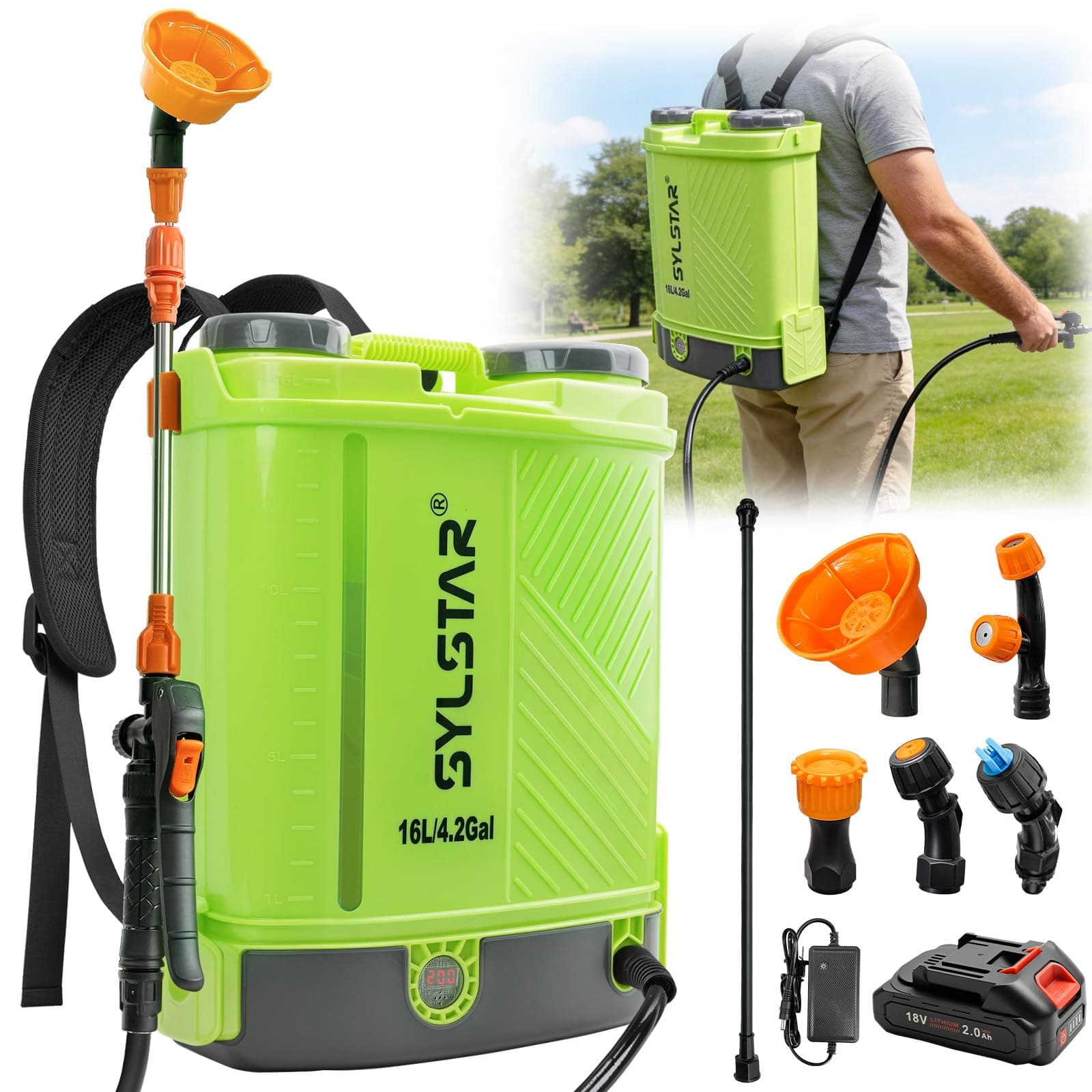 SYLSTAR Pompa Irroratrice a Batteria 16L, 7Bar Potente Pompa a Spalla a Batteria Compatibile con Makita 18V Batterie, Spruzzatore Elettrico Velocità Regolabile,5 Ugelli (Caricabatterie Incluso)