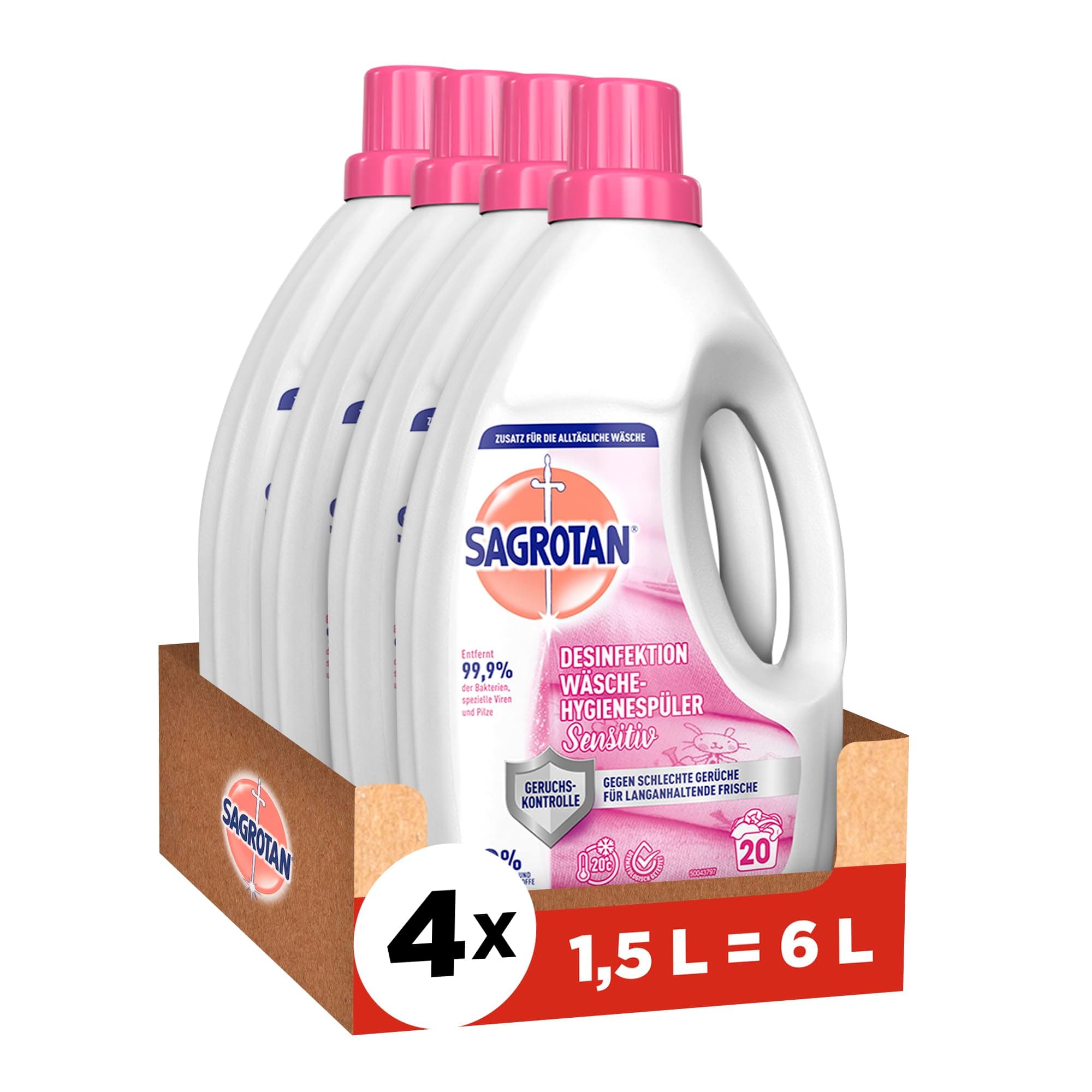 Sagrotan Wäsche-Hygienespüler Sensitiv 0% – Desinfektionsspüler für hygienisch saubere und frische, ohne Farb- und Duftstoffe – 4 x 1,5 l Reiniger im praktischen Vorteilspack