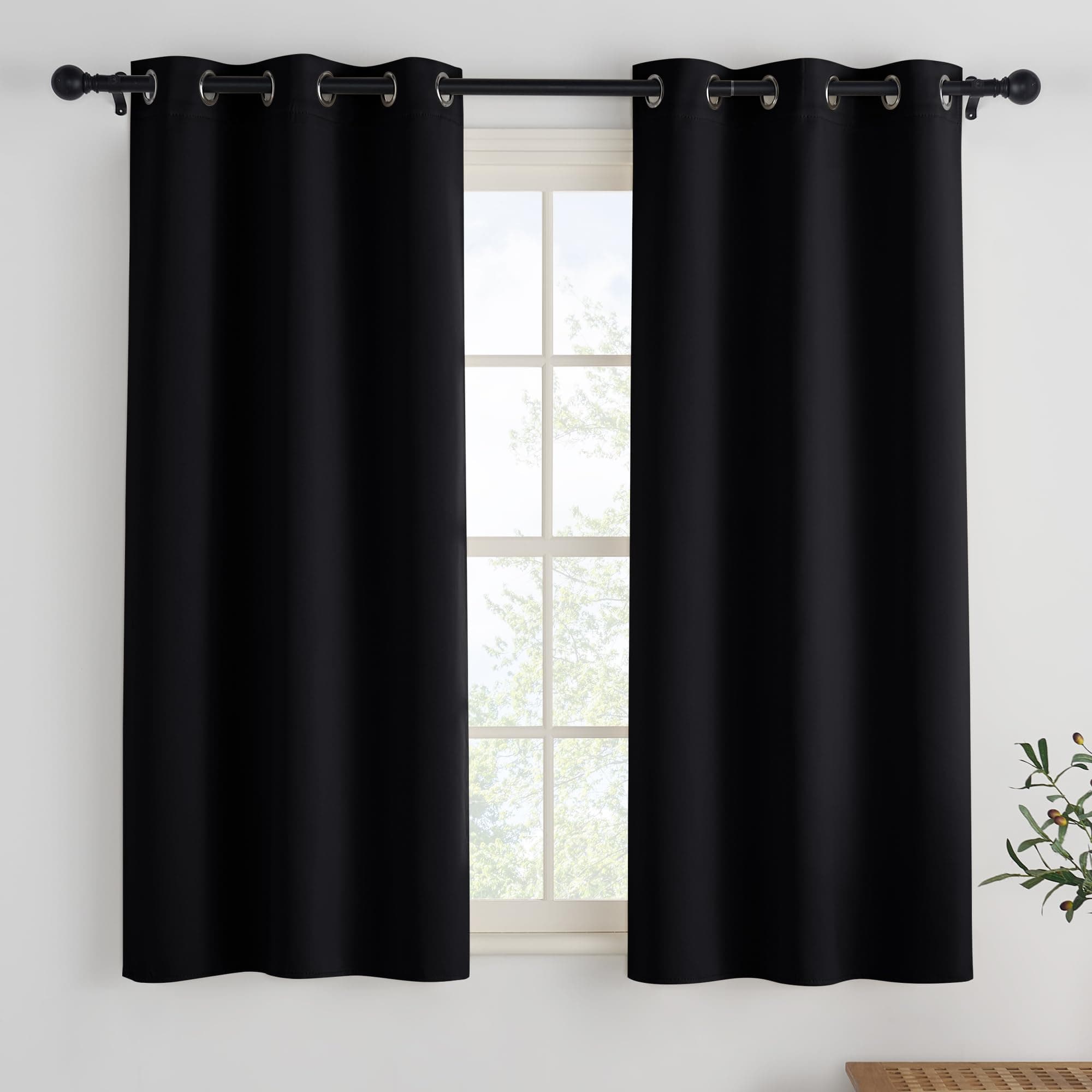 PONY DANCE Rideau Occultant Cuisine - Rideaux Court Panneaux à Oeillets | Decoration pour Masion Chambre Petite Fenetre, Isolation Lumineux Prêt Poser, 106cm Largeur Sur 114 Hauteur, Noir, Lot de 2