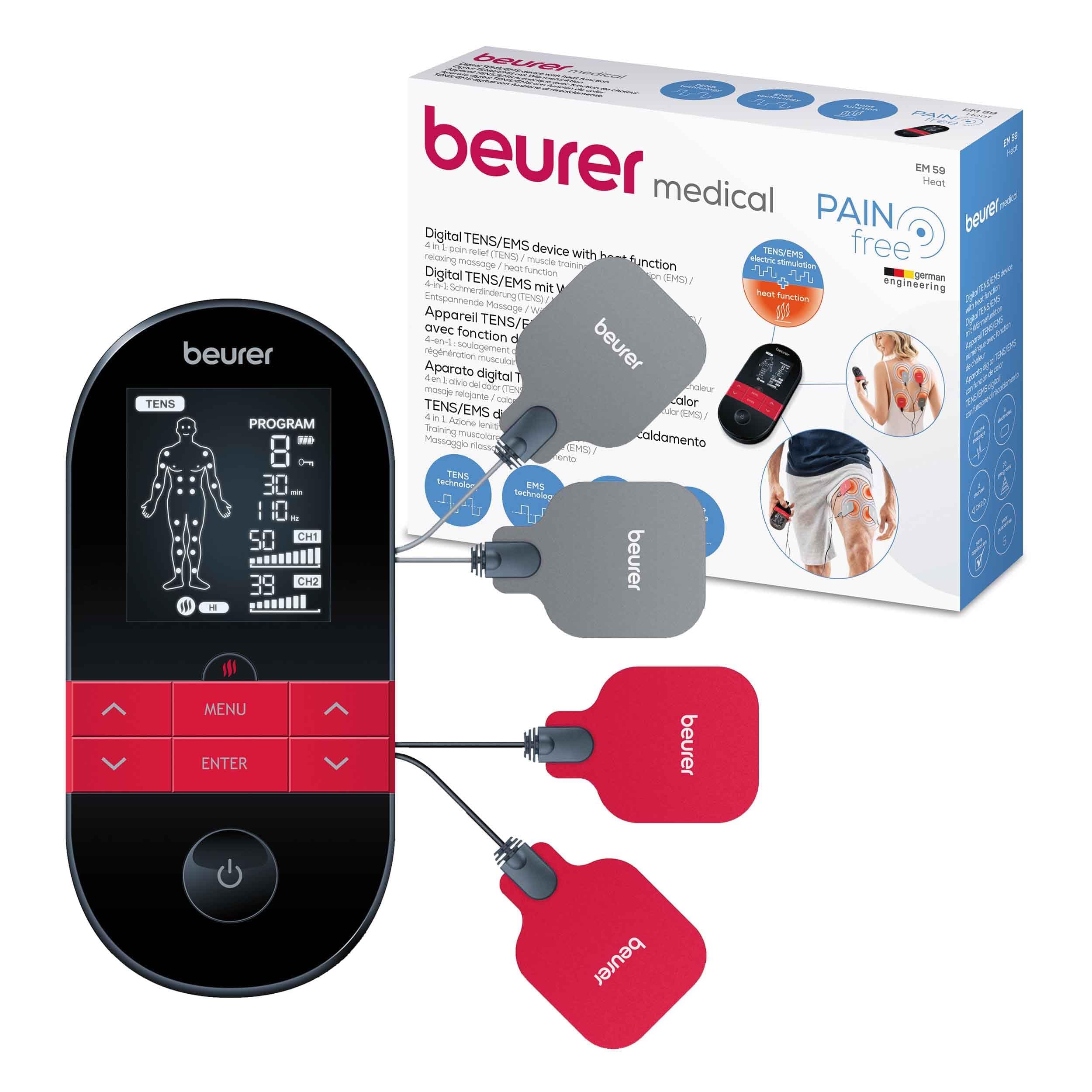 Beurer EM 59 Électrostimulateur musculaire TENS/EMS, 4-en-1 pour la thérapie de la douleur, la stimulation musculaire, le massage et avec fonction chaleur, avec 4 électrodes et batterie.