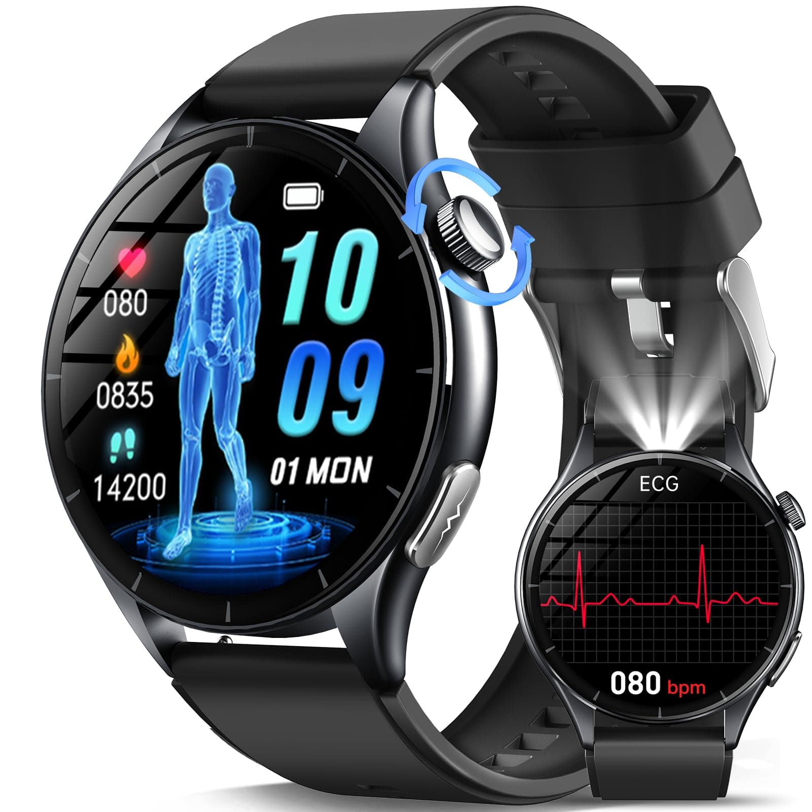 2026 Nuovo Smartwatch Uomo ECG/Glιϲemι⁠⁢α/Pressione Sanguigna/Sonno/Apnea Notturna/BMI/Temperatura/Cardiofrequenzimetro,1,56"AMOLED Salutare Orologio con Torcia LED/Funzione Telefono/Pulsante SOS
