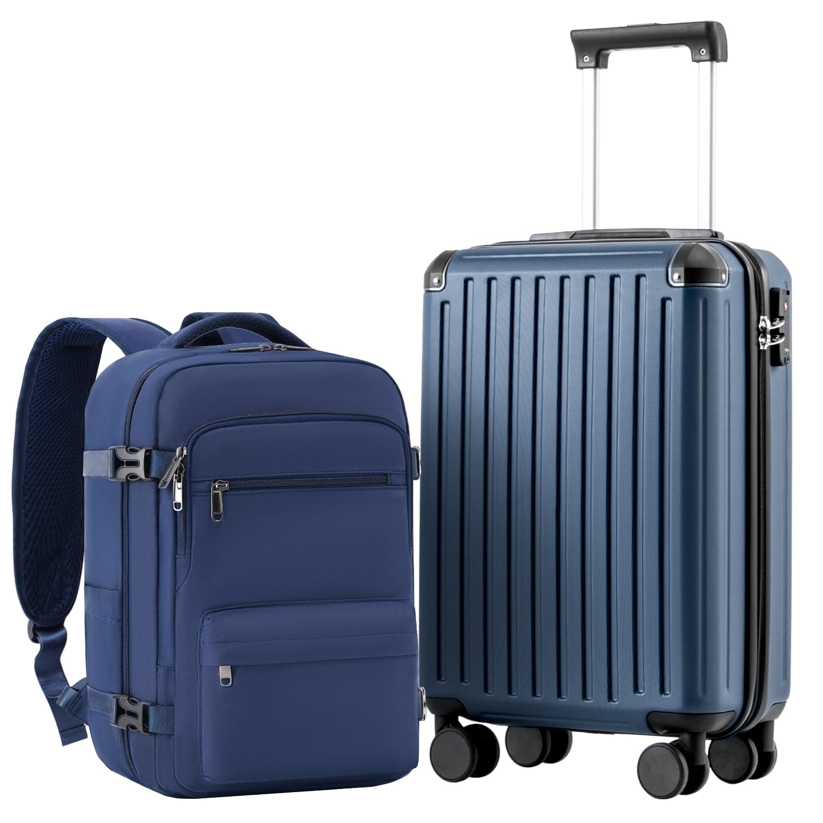 COOLIFE Maleta de Cabina 55 x 40 x 20 cm para avión Ryanair, Equipaje de Mano, Equipaje de Cabina, maletín rígido con Cerradura TSA y 4 Ruedas gemelas (Azul Marino, 55 x 35 x 20 cm - Set de 2 Piezas)