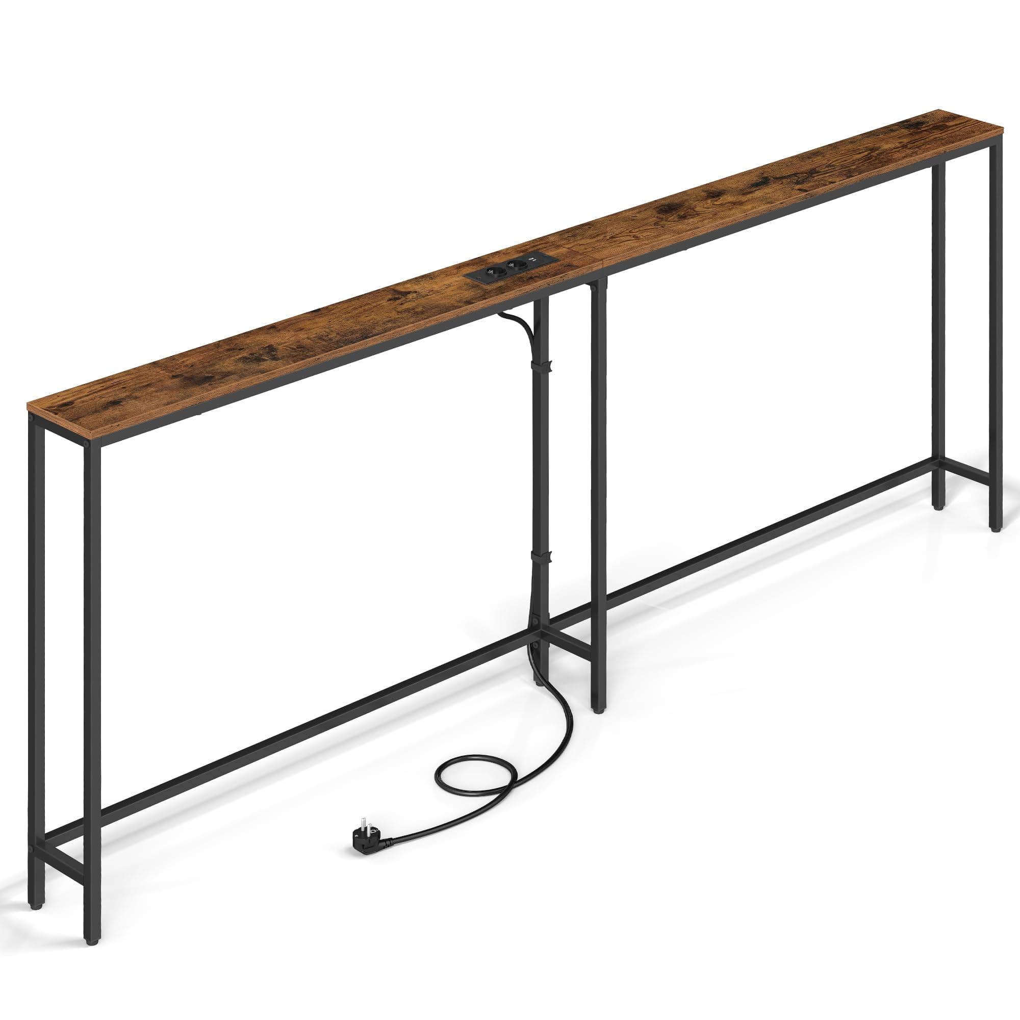 VASAGLE Mesa de Consola con Regleta, Mesa Auxiliar, con 2 Estantes de Largo Completo, Montaje Fácil, para Entrada, Salón, 15 x 200 x 80 cm, Marrón Rústico y Negro Tinta LNT077K102