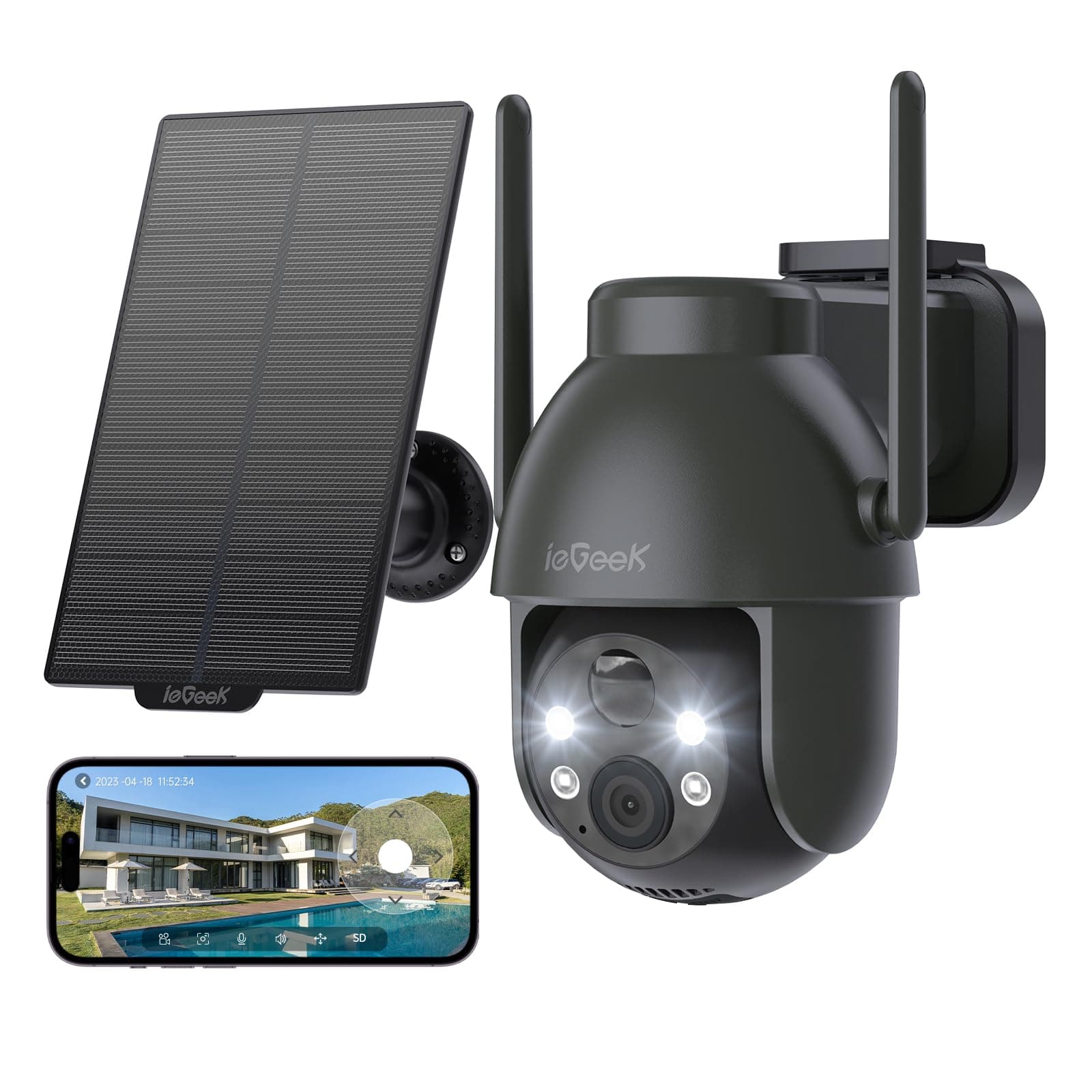 ieGeek 3MP Camara Vigilancia WiFi Exterior Solar con Bateria Sin Cables, Camara Vigilancia Exterior Solar Visión Nocturna Color, PTZ 360° App Remoto, Humana Detección, IP65, Voz Bidireccional (Gris)