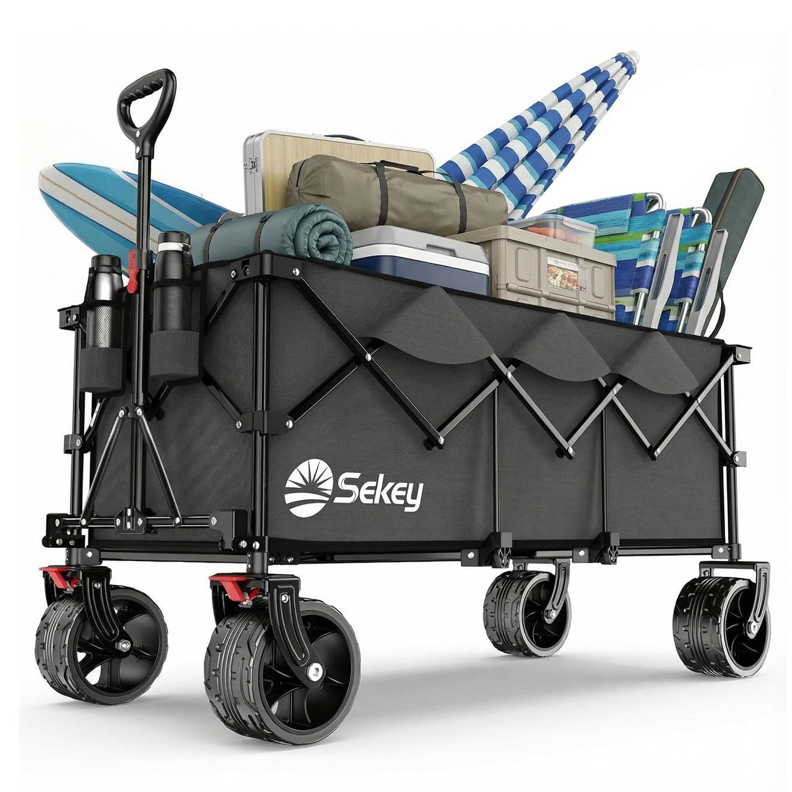 Sekey XXXL Carro Playa Plegable con Frenos 300L 200KG, Carrito Plegable con Ruedas Extra Grandes 17x10 cm para Todo Terrenos, Patentado Plegable en Cuatro Direcciones SE4013, Antracita