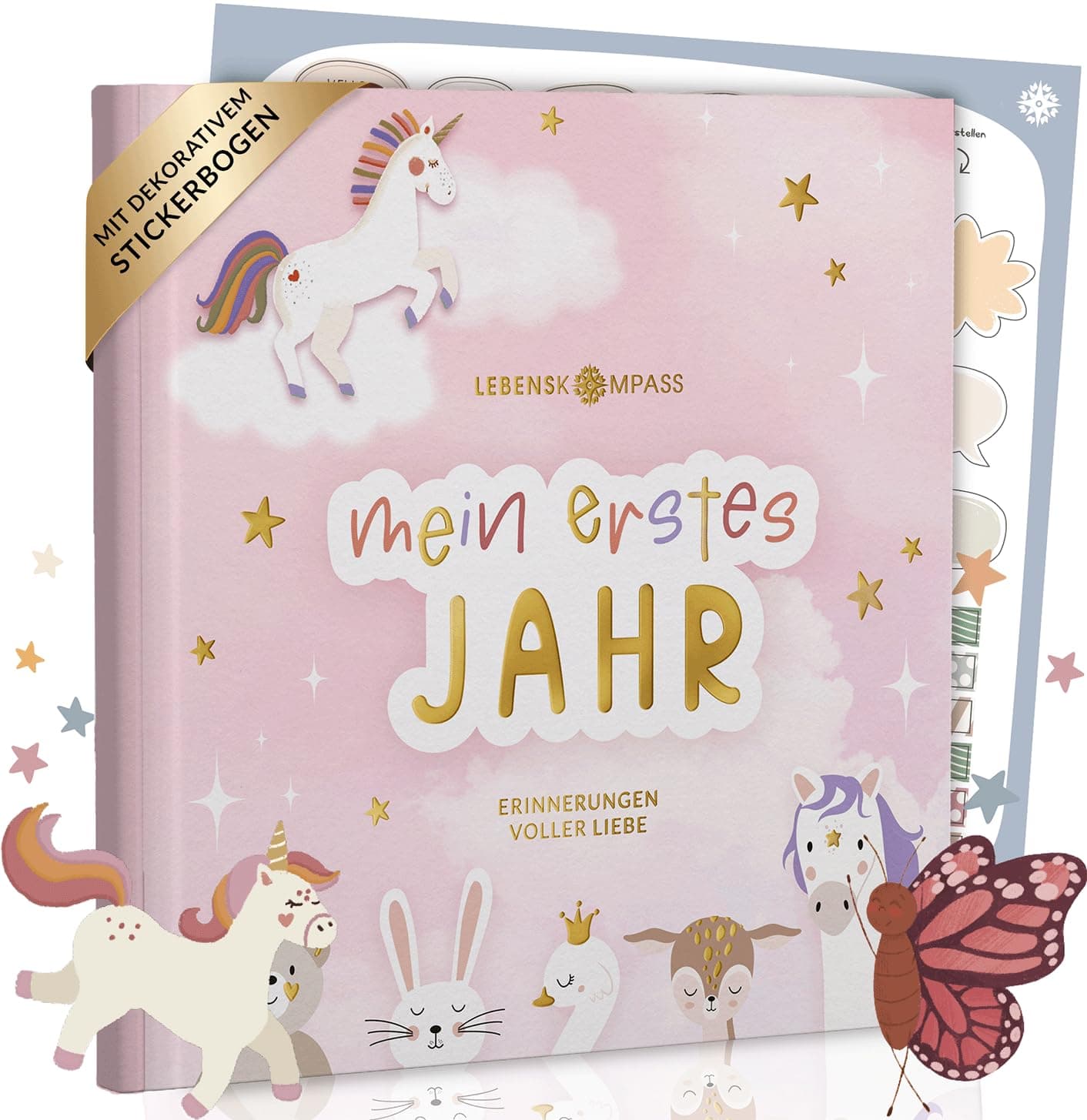 Lebenskompass Babyalbum Mein erstes Jahr "Air" mit über 75 Stickern & Spruchkarte EXTRA - Ein Baby Buch zum Eintragen - Das Babytagebuch & Erinnerungsbuch für Mädchen & Jungen (Einhorn)