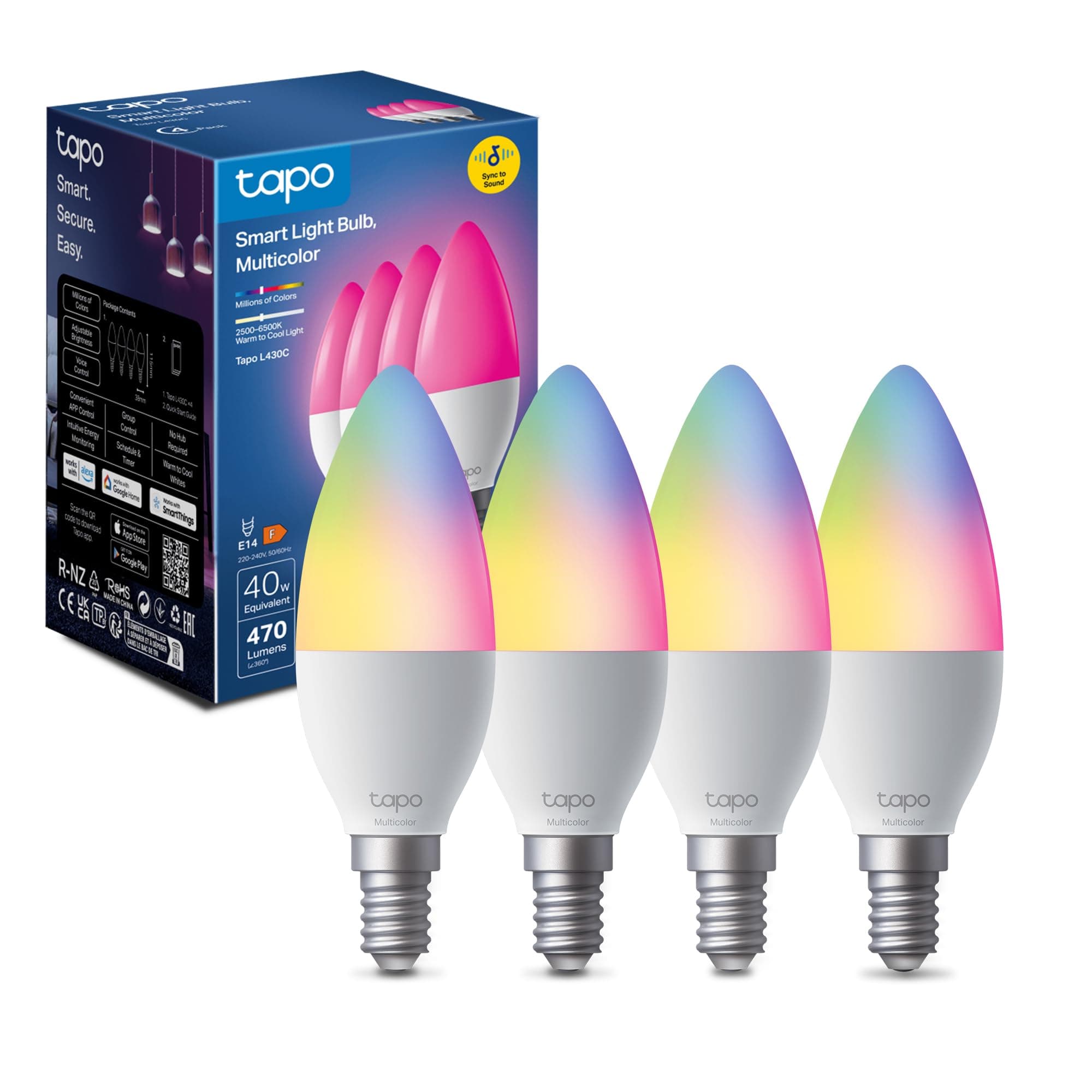 Tapo L430C Lampadina Alexa E14 Multicolore e Dimmerabile a Doppio Strato, 2500-6500K, Sync-to-Music, Illuminazione Automatica del Bioritmo, Programazione & Timer, Compatibile con Alexa e Google, 4pz