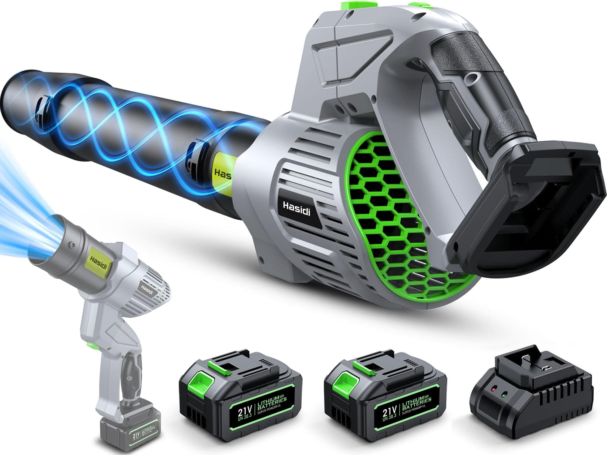 Soplador de Hojas, 990.000 RPM, Motor sin Escobillas, 2 Baterías y Cargador, 5 Velocidades Ajustables, Ligero, para Jardín, Césped, Patio, Coche, Eliminación de Nieve y Polvo, Gris Perla