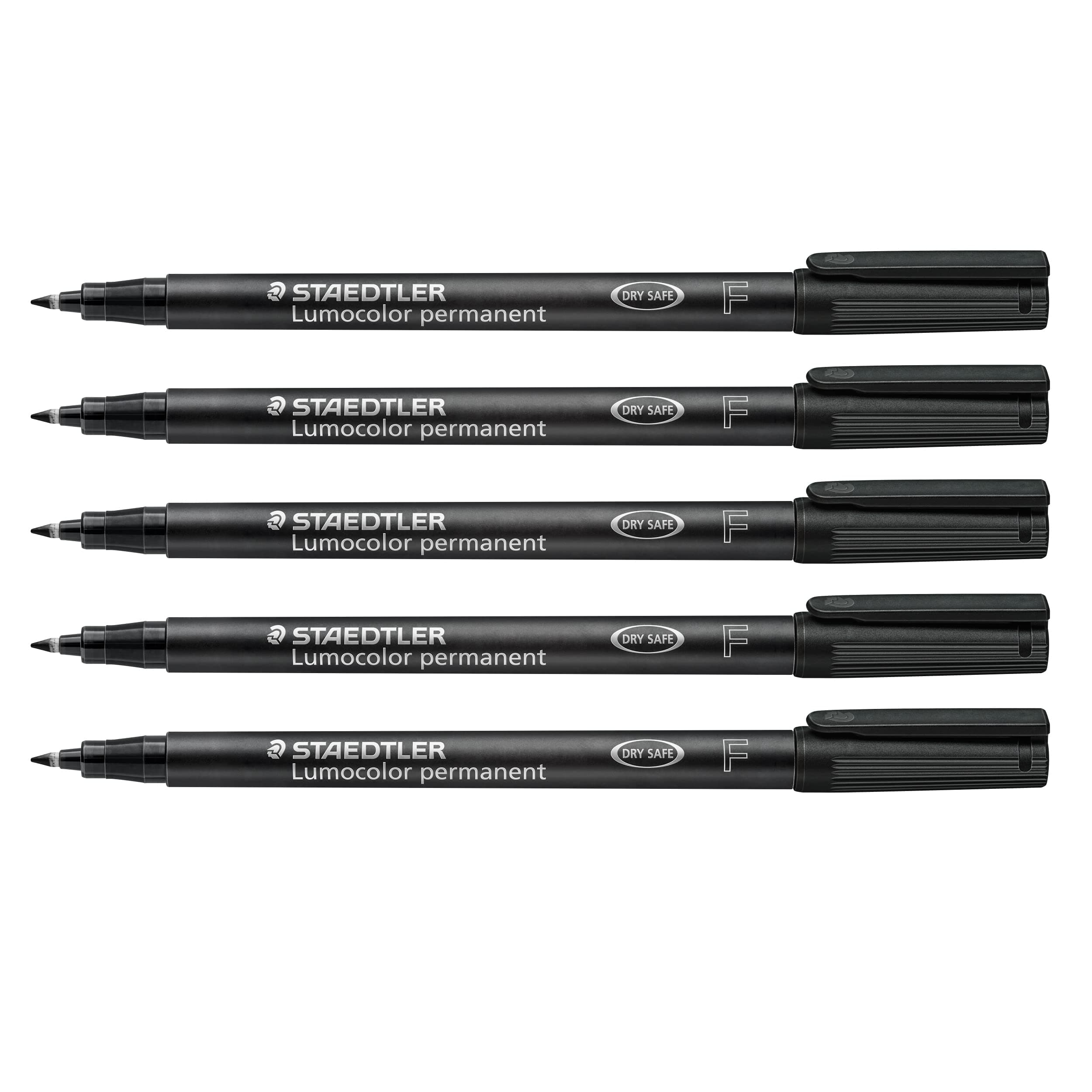 STAEDTLER Folienstift Lumocolor permanent, wisch- und wasserfest auf fast allen Flächen, Linienbreite F 0,6 mm, nachfüllbar, lange Lebensdauer, 5 schwarze Universalstifte, 318-9X