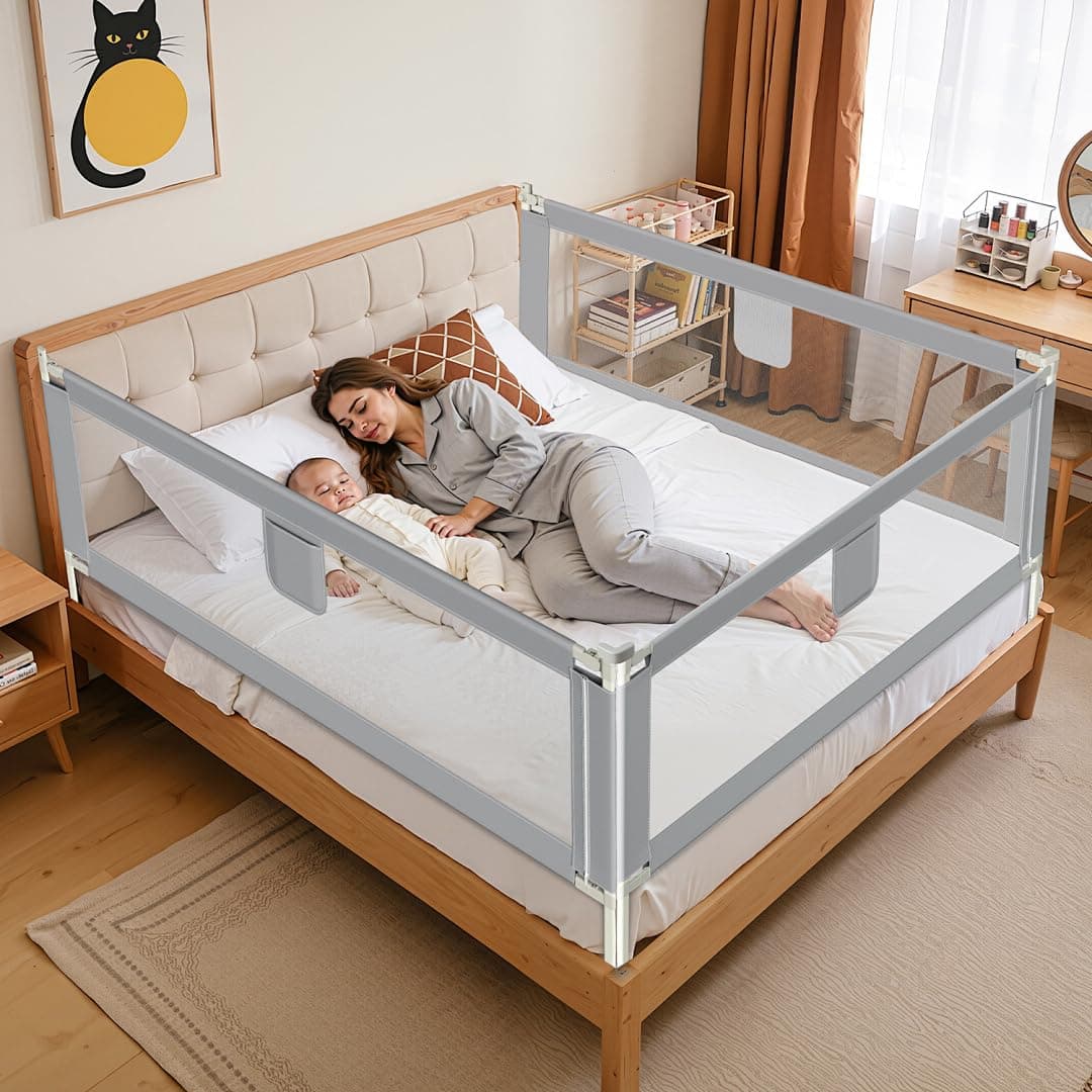Ikodm - Griglia di protezione per letto per bambini 2X 200 cm e 1x 180 cm, griglia di protezione per letto con altezza regolabile da 64-96 cm, protezione anticaduta per letto, griglia di protezione