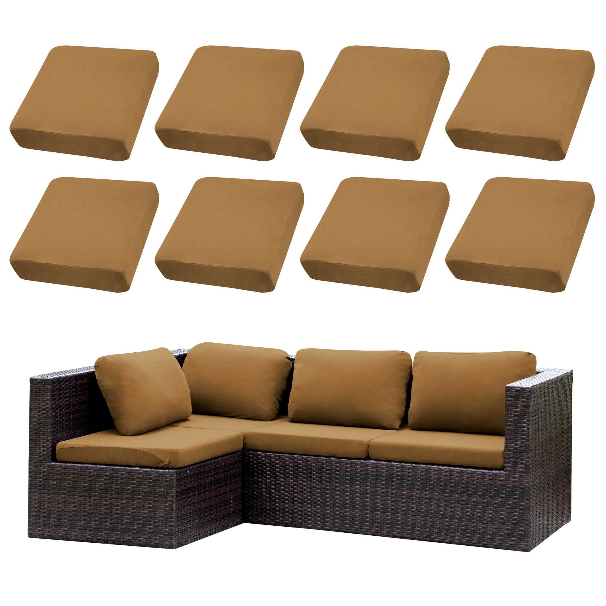 SUKAIKEQA Ensemble de 8 Housses de Coussins pour terrasse|Housses pour canapés d'extérieur|Housses Extensibles pour Coussins de canapé|Protections pour Meubles lavables et réutilisables (1, Camel)