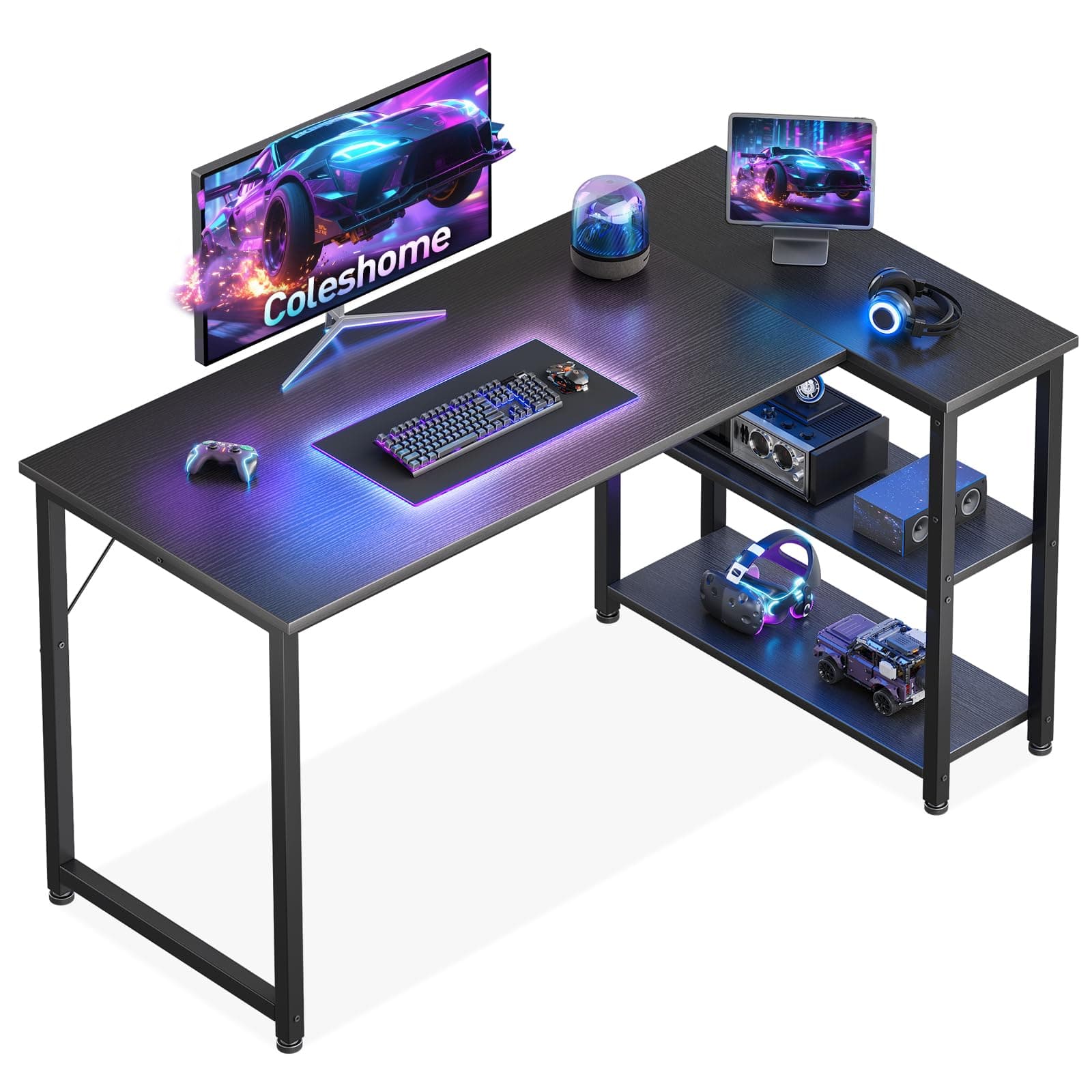 Coleshome Escritorio Gaming, 120x70 cm Escritorio Esquinero con Estante de Almacenamiento Reversible, Mesa Escritorios que Ahorra Espacio, Adecuado como Escritorios Ordenador en Rincones Familiares, N