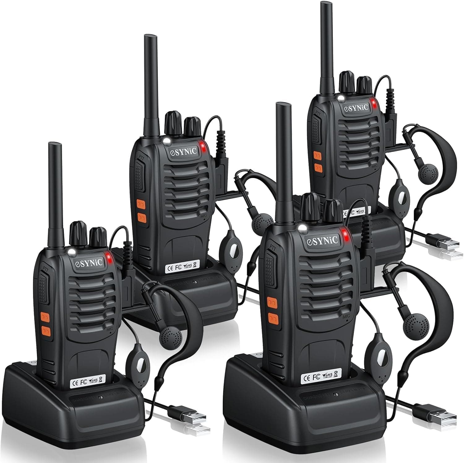 eSynic 4PCS Walkie Talkies de Larga Distancia con Auriculares Walkie-Talkie Profesional 16 Canales 1500mAh con Cargador USB Soporta VOX para Sobrevivir en el Campo Ciclisimo