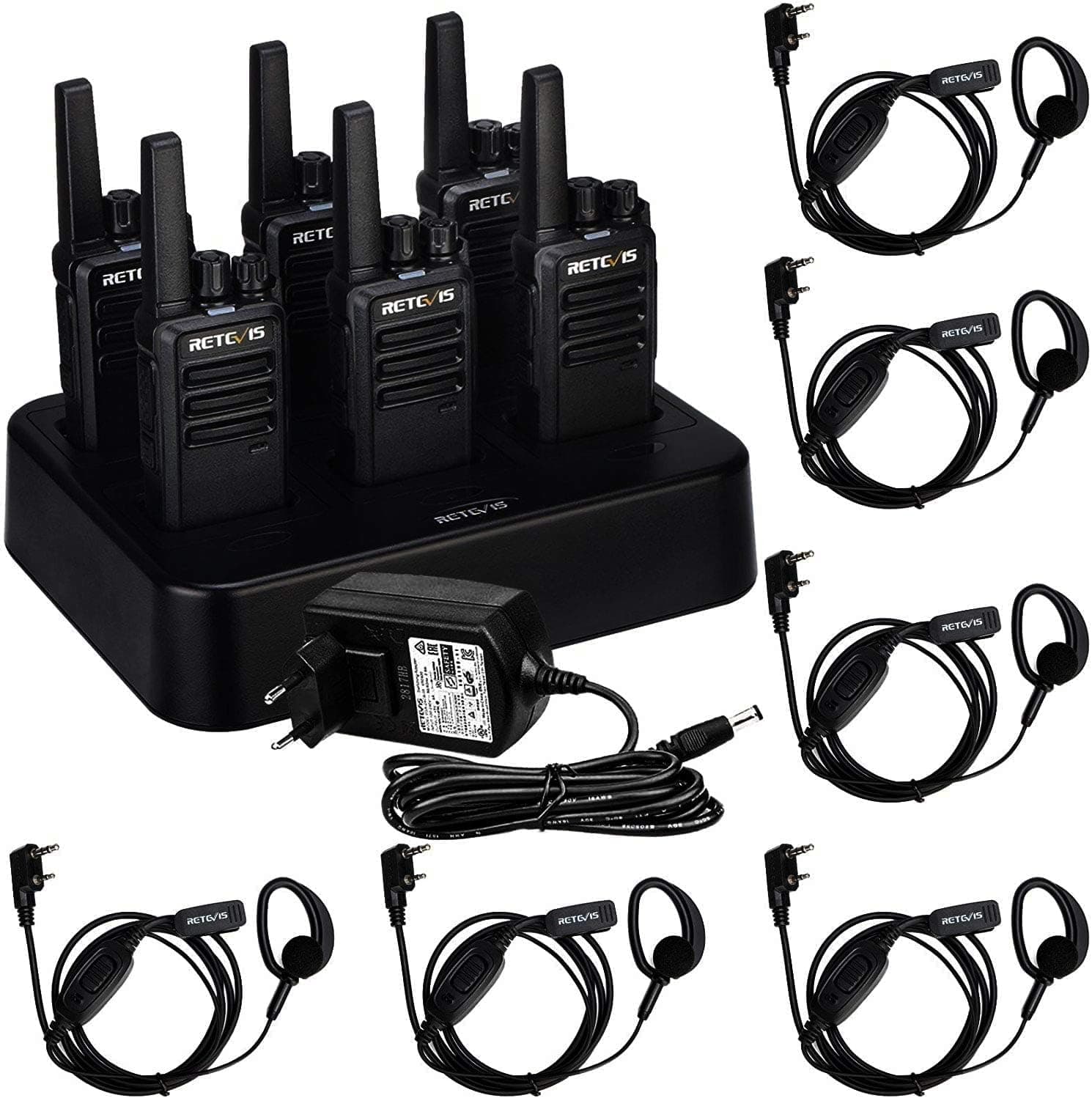 Retevis RT668 Walkie Talkie con Auricular, PMR446 Licencia Libre, Walkie Talkie Profesional con Cargador de 6 Vías, VOX, Walkie Talkies Portátiles para Industria, Lagerhaus(Negro, 6 Pcs)