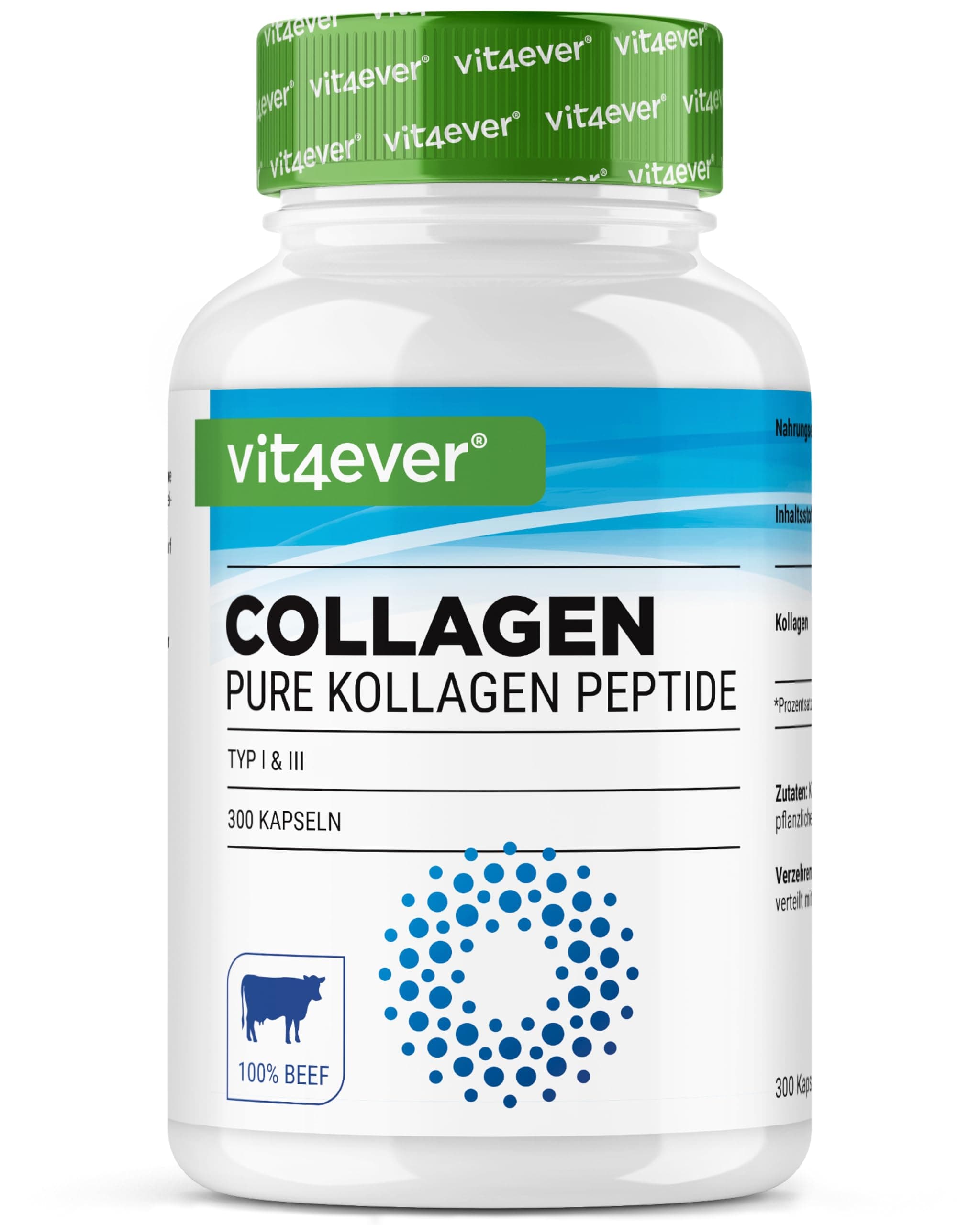 vit4ever Collagen 300 Kapseln - 4500 mg Bioaktives Kollagen Hydrolysat Peptide pro Tagesdosis - Kollagen Typ 1 & 3 - Alternative zu Pulver - Hochdosiert