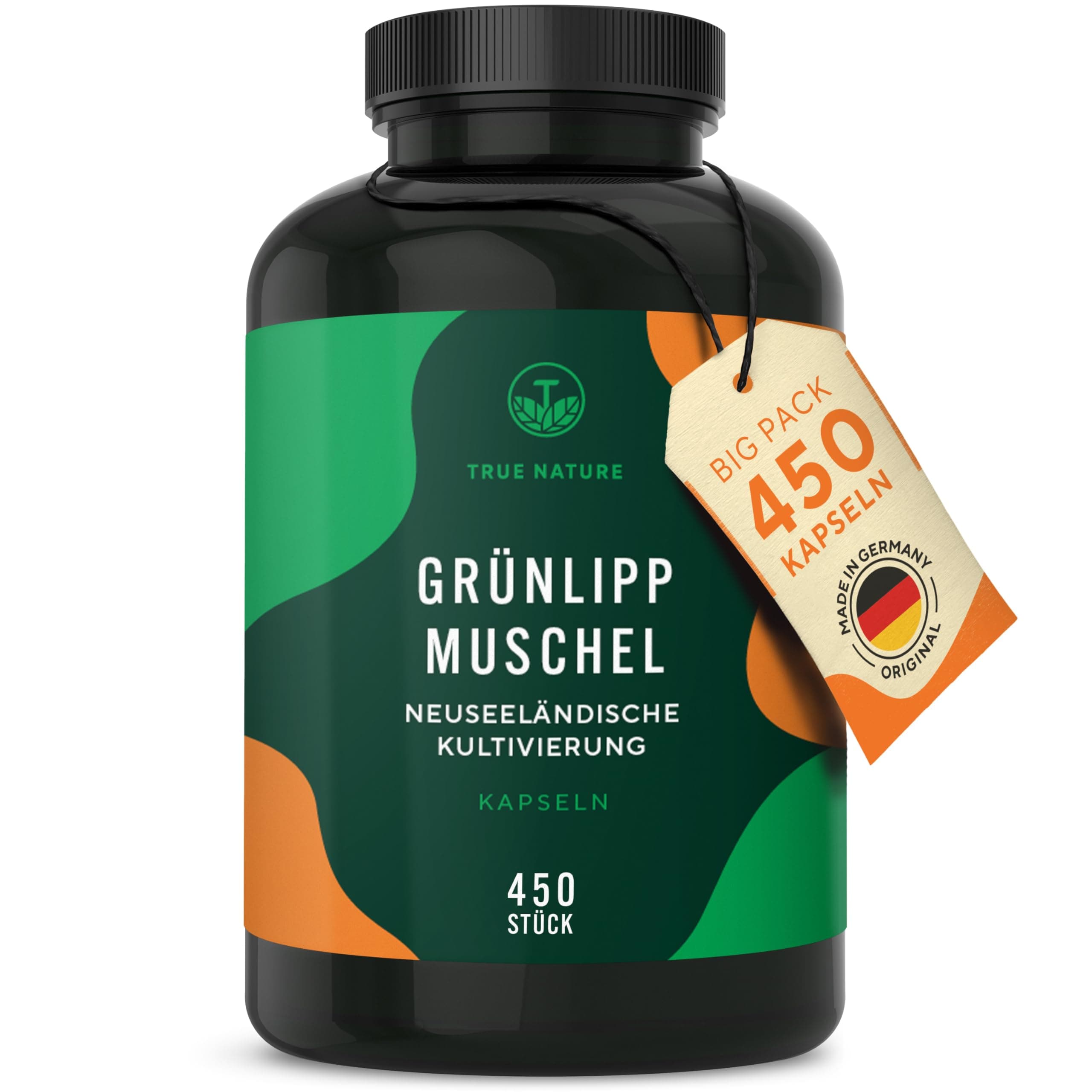 Grünlippmuschel - 450 Kapseln - 50% mehr Inhalt - Hochdosiert: 2000mg pro Tagesdosis - Ohne jegliche Zusatzstoffe - Kultiviert in Neuseeland - Deutsche Produktion - TRUE NATURE®
