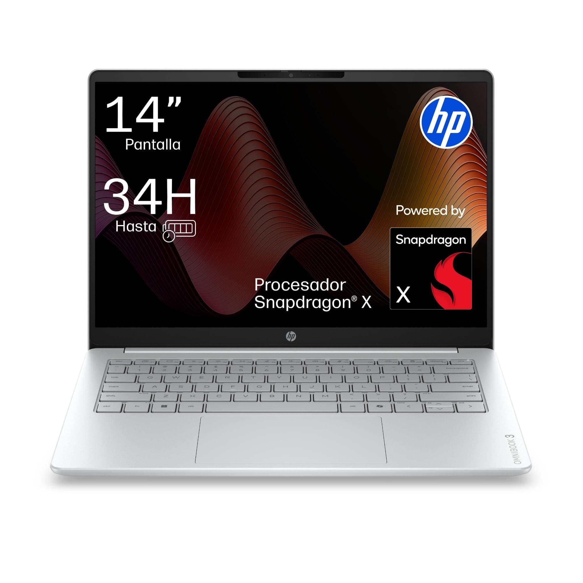 HP OmniBook 3 14-hz0000nsx - Ordenador portátil 14” WUXGA (1920x1200) | IPS Antirreflejo, Snapdragon X AI PC, 16GB RAM, 512GB SSD, Windows 11, QWERTY Español, Plata, Sin Cargador Incluido