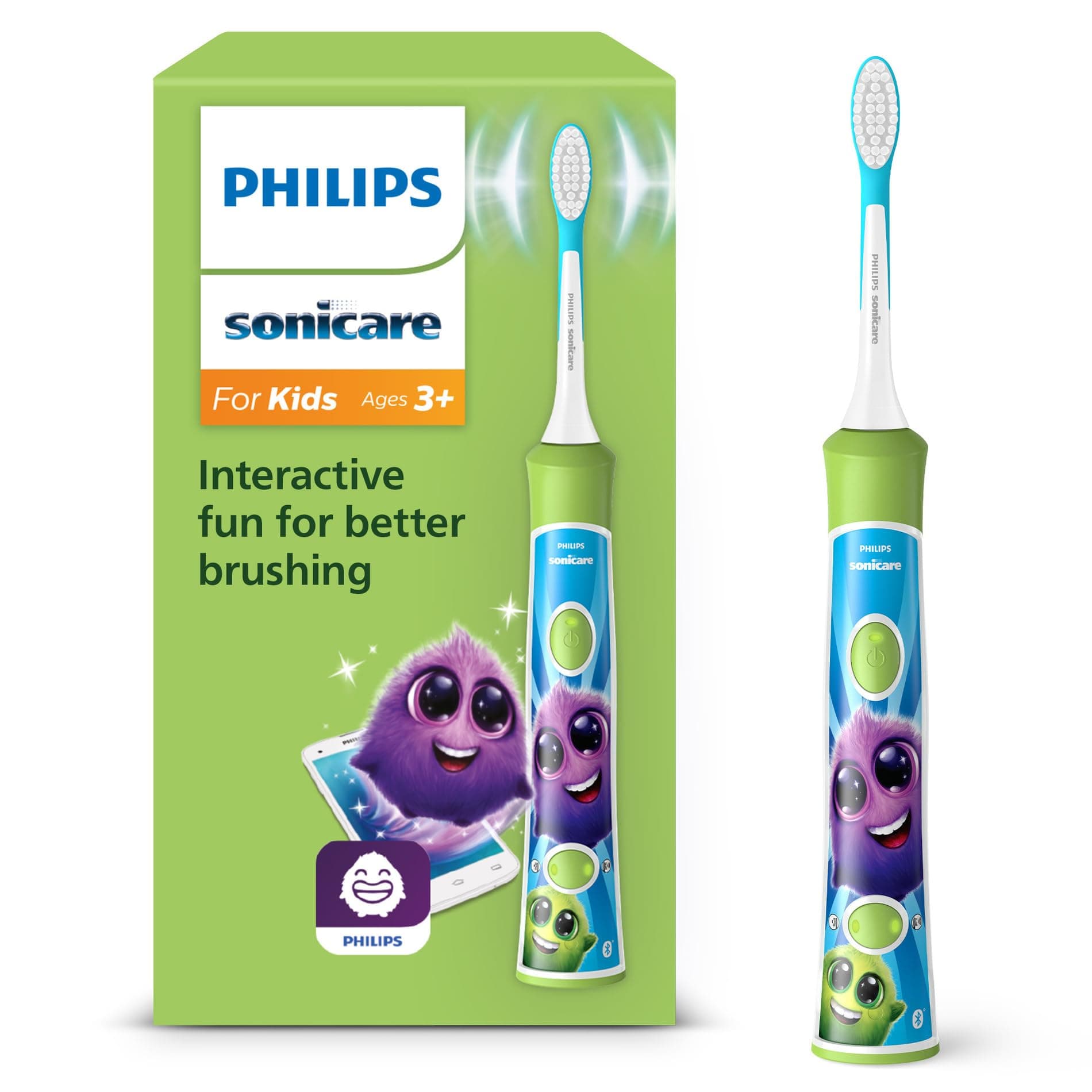 Philips Sonicare For Kids, brosse à dents électrique sonique avec appli, pour enfants de 3 ans et plus, avec KidTimer et KidPacer pour un brossage minutieux, vert, modèle HX6352/11