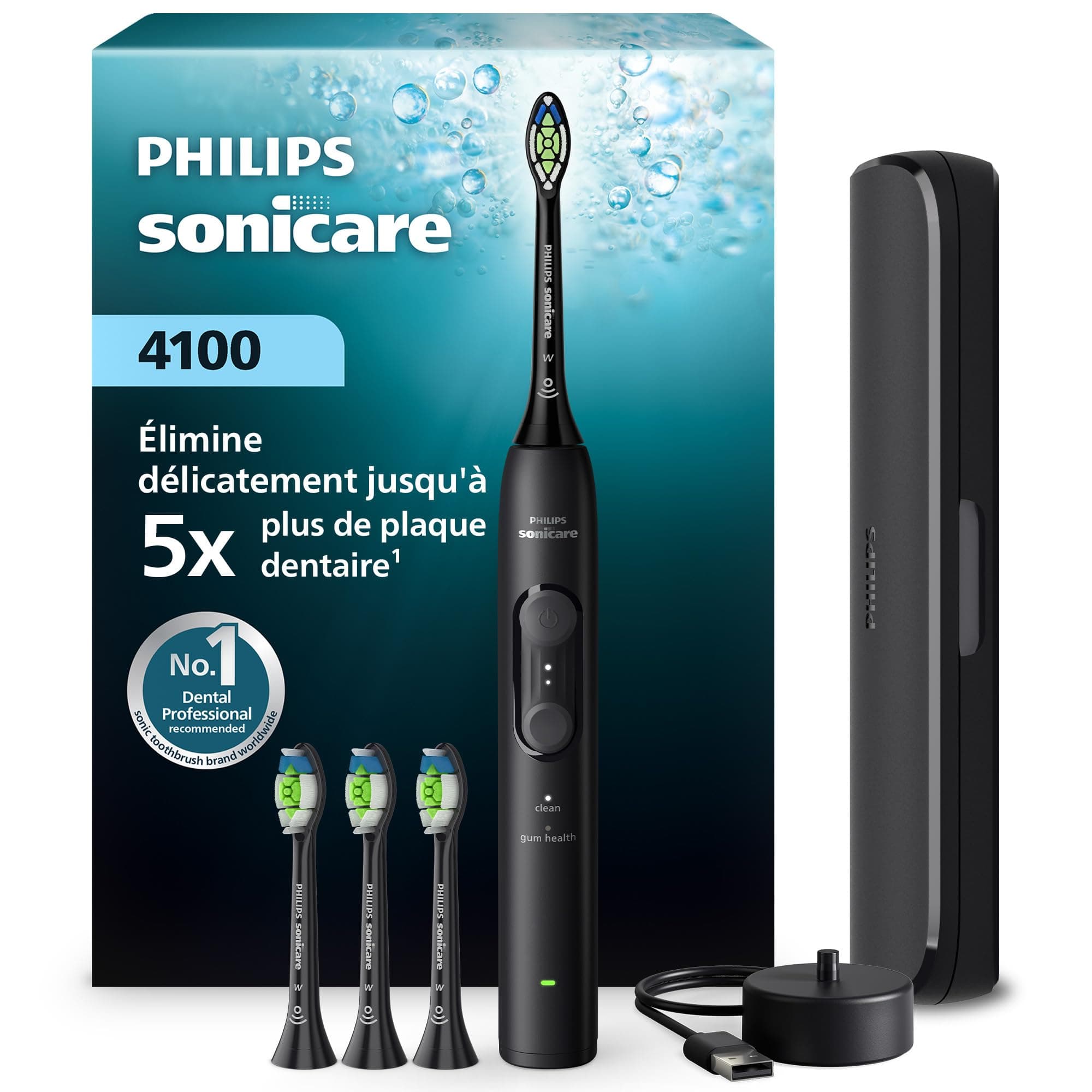 Brosse à dents électrique sonique Philips Sonicare série 4100 – capteur de pression, 4 réglages, EasyStart, SmarTimer, 21 jours d’autonomie, étui de voyage, coloris noir, modèle HX4046/52, [Nouveau]