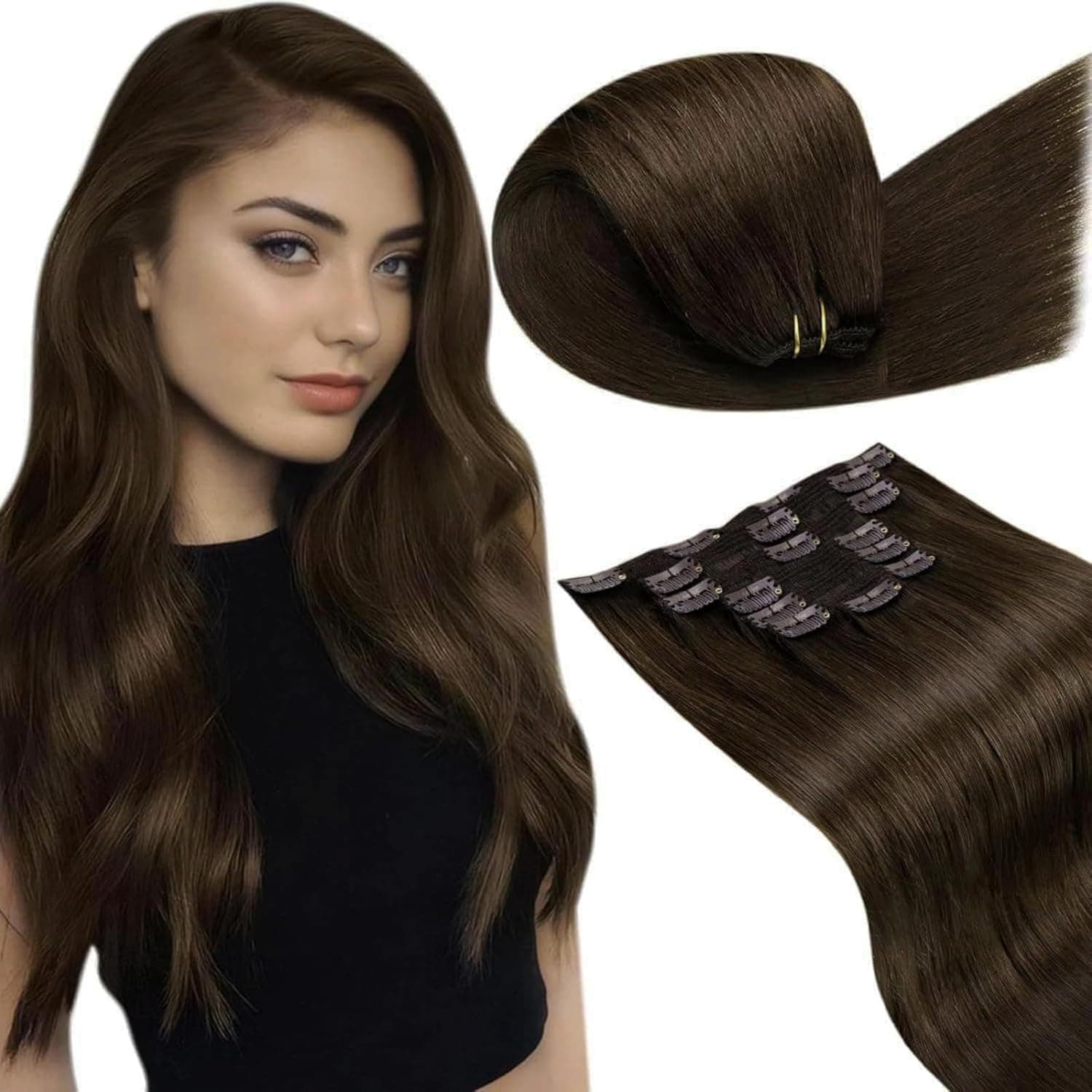 LaaVoo Extension Capelli Veri Clip 150g 55 cm 7pcs Marrone Cioccolato Extension con Clip Remy Naturali Liscio Extension Clip Capelli Veri Fascia Unica #4