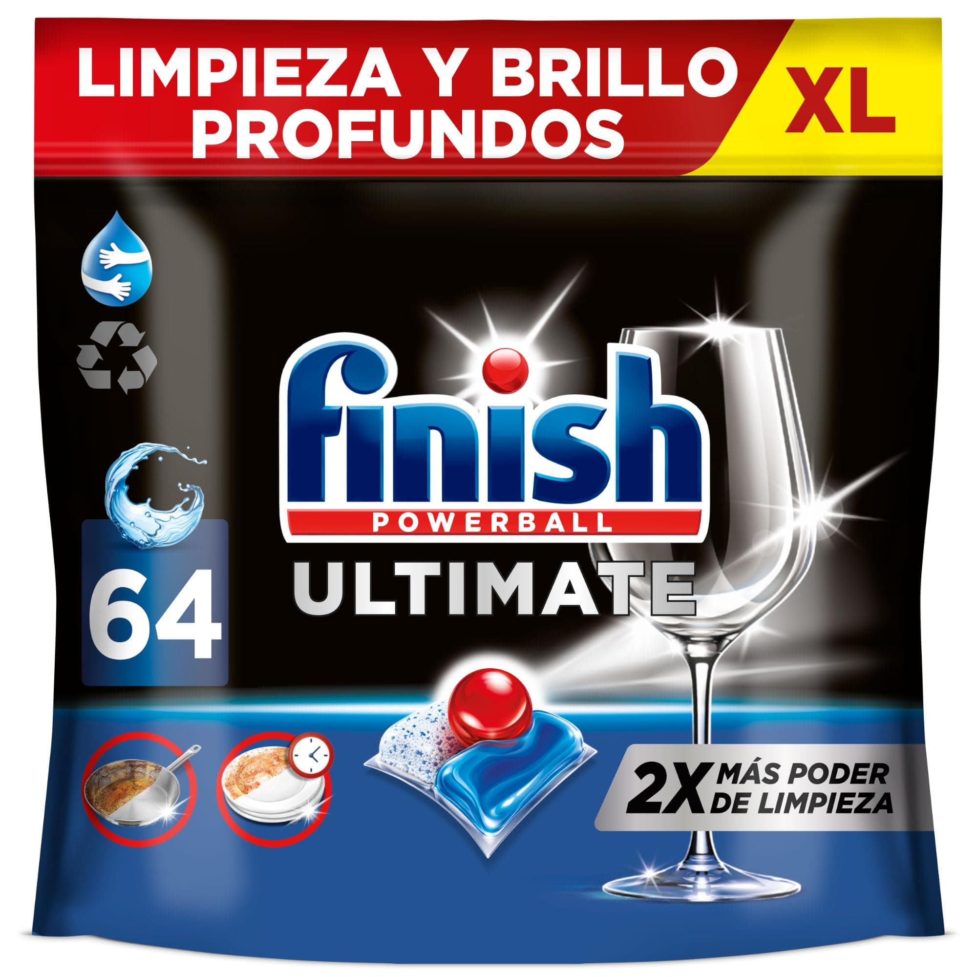 Finish Powerball Ultimate All in 1 Pastillas para el lavavajillas, eficaz contra manchas resecas, 64 pastillas