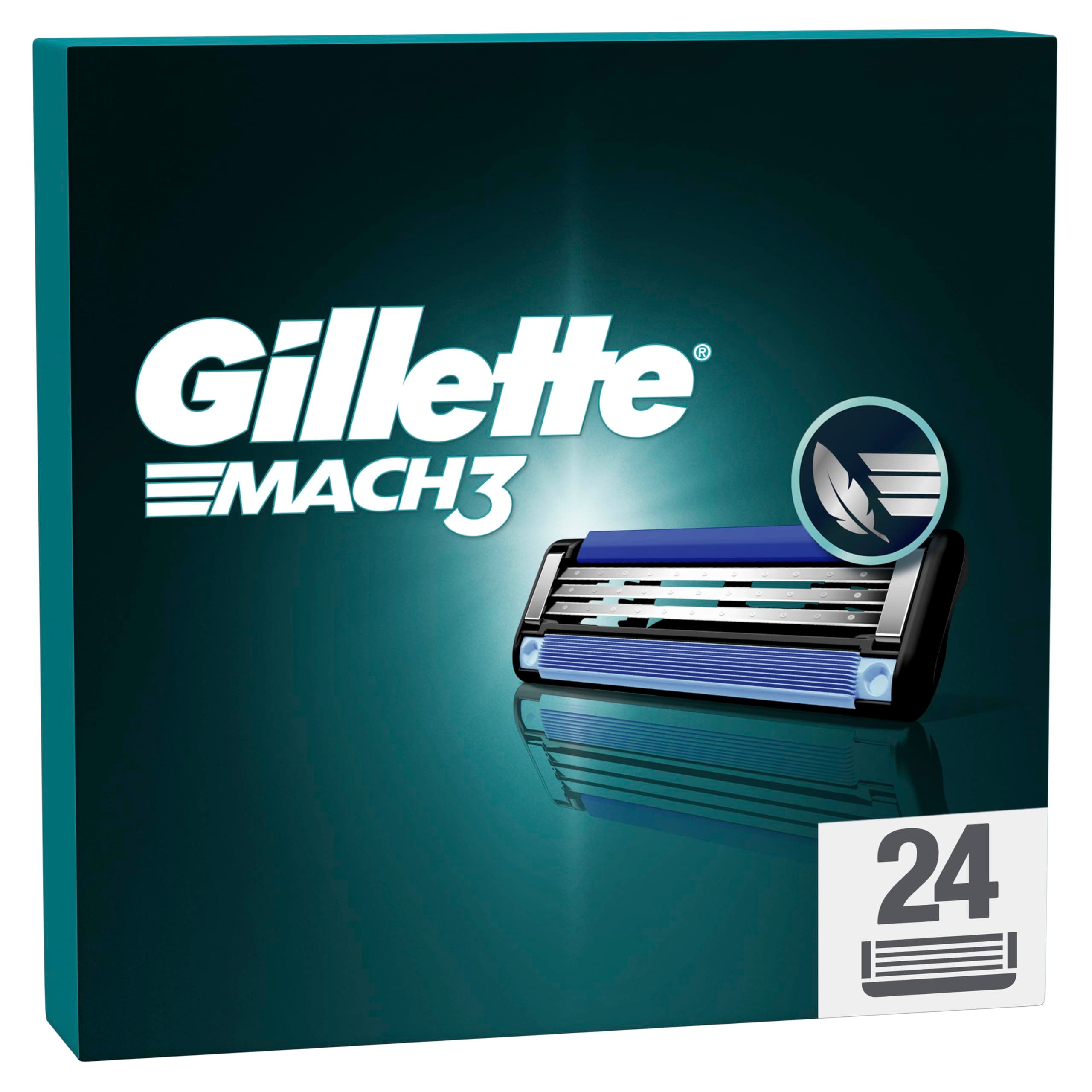 Gillette Mach3 Base Recambios para Maquinillas de Afeitar para Hombre, Pack de 24 Cuchillas de Afeitar con 3 Hojas Y Banda Lubricante para Un Afeitado Suave, Compatible con Todos Los Mangos Mach3