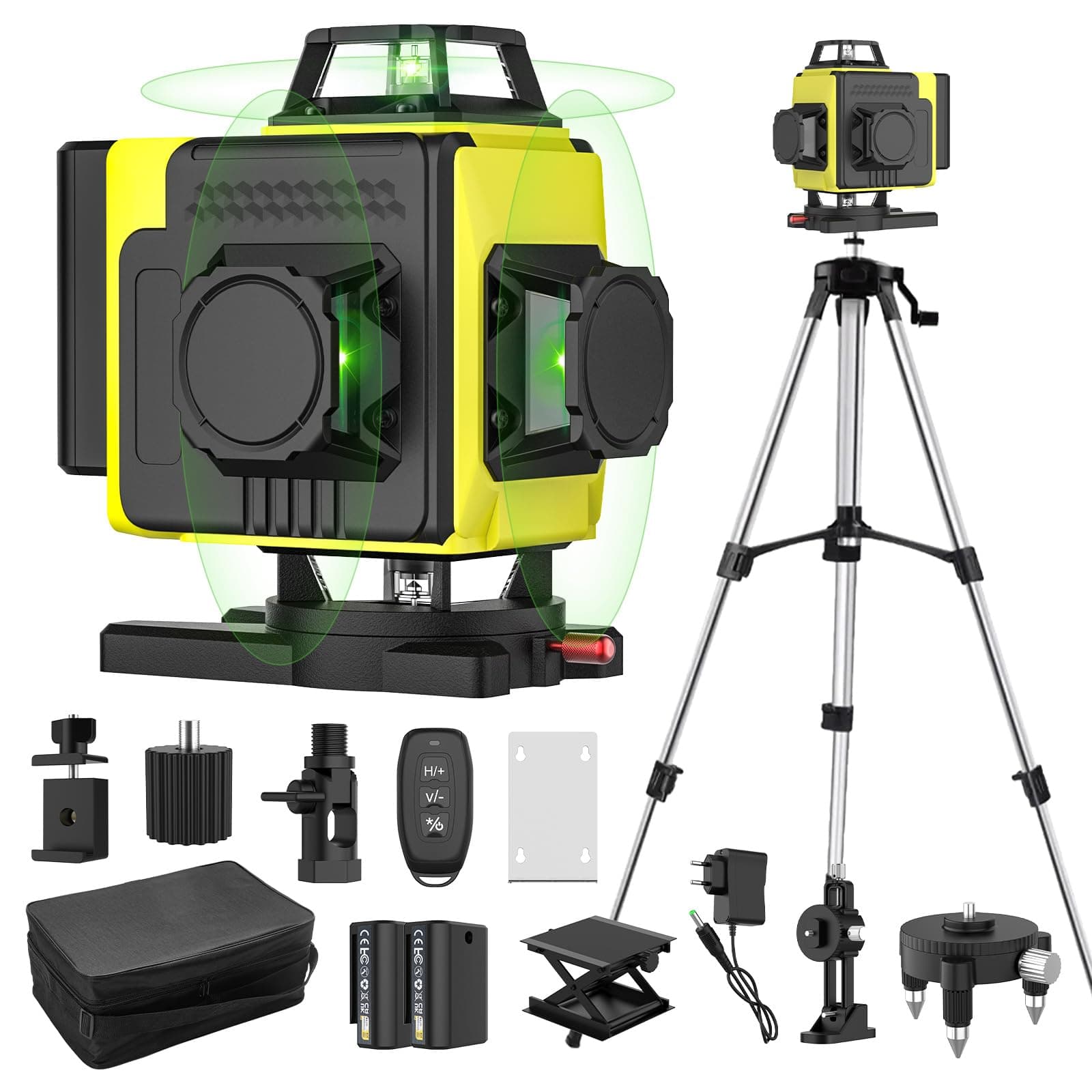 Nivel láser autonivelante 360° X 4, láser de construcción 4D con 16 líneas láser, modo de pulso para exteriores, 2 baterías, autonivelación, soporte rotativo, control remoto.（Con Tripode）