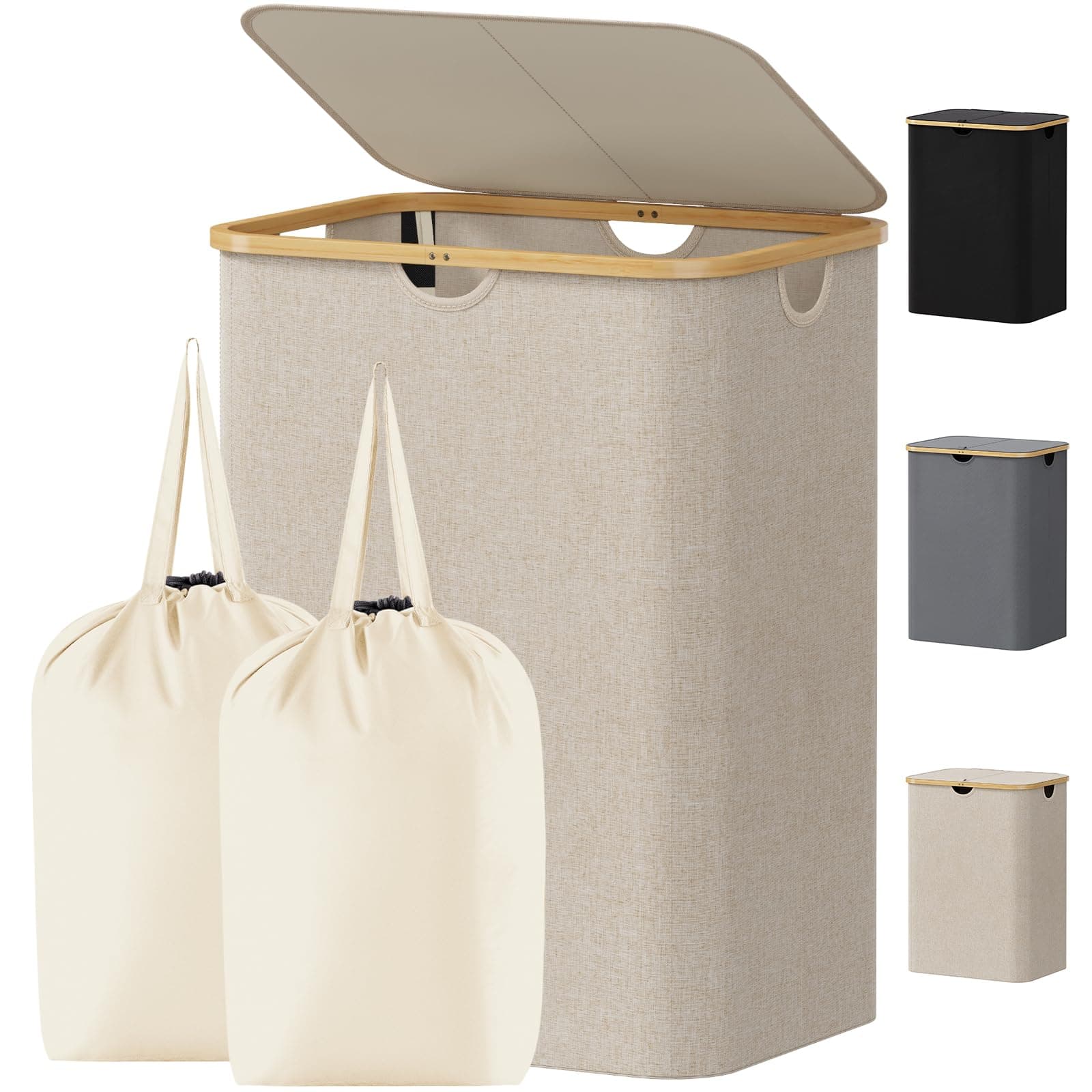 Lifewit 150L Wäschekorb mit Deckel, Wäschekörbe für Wäsche mit Bambus Griffe und Eine Abnehmbare Wäschesack, Große Faltbare Wäschekorb für Schlafzimmer, Bad, Schlafsaal, Waschküche, Beige