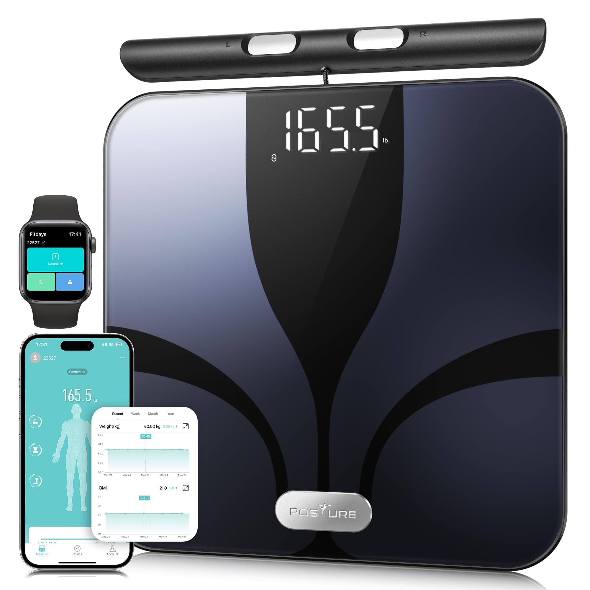 Bilancia Pesapersone Digitale Percentuale di Grasso 8 Elettrodi, Piattaforma Grande, Analizza 28 Elementi della Composizione Corporea, BMI, Bilancia Intelligente da Bagno Sync App, 180 kg