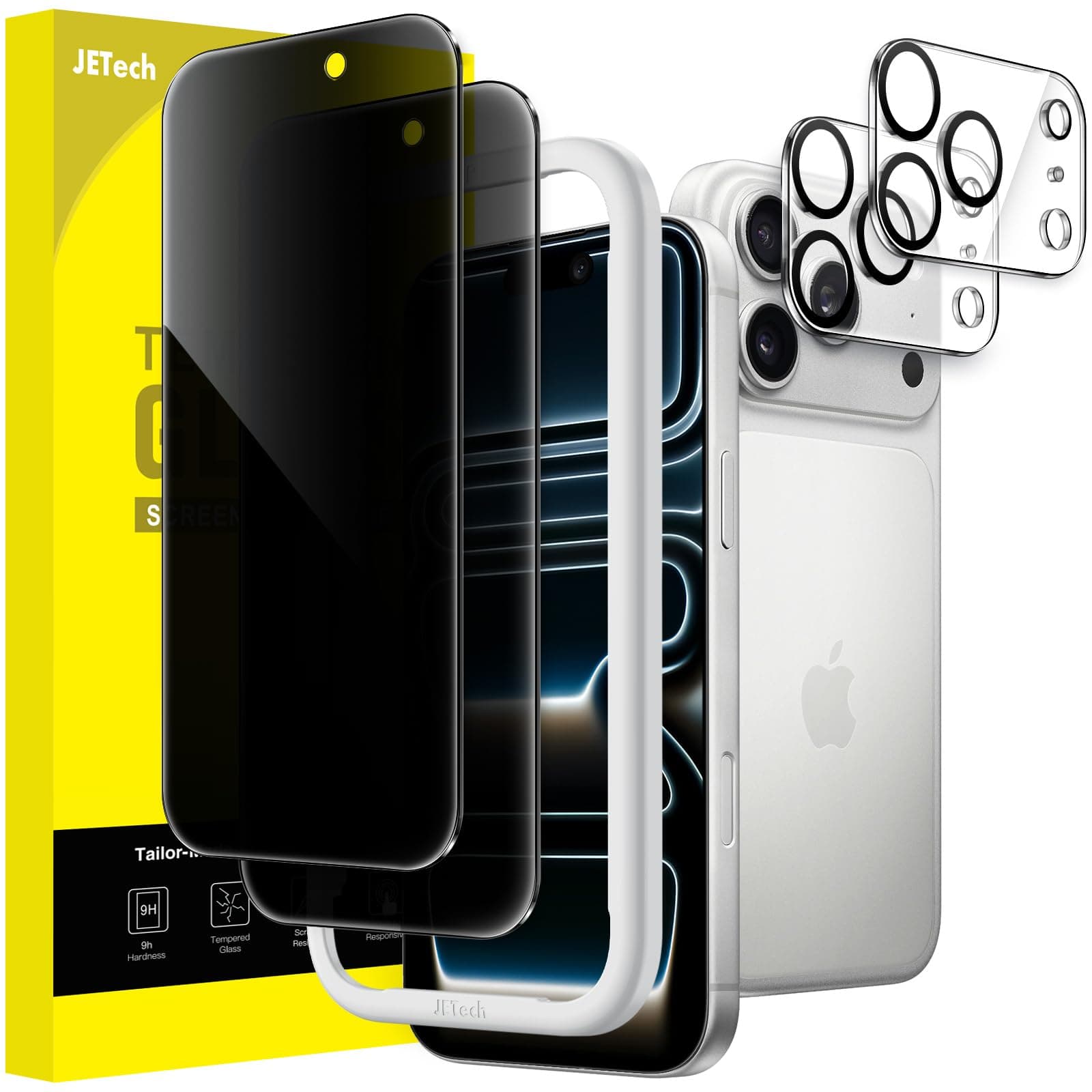 JETech Sichtschutz für iPhone 17 Pro 6,3 Zoll mit Kameraschutz, Anti-Spy Gehärtete Glas Schutzfolie, Einfaches Installationswerkzeug, 2 Stück Jeweils