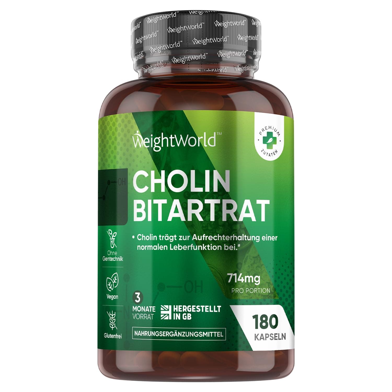 Cholin Bitartrat Kapseln - 714mg pro Portion - Cholin trägt zur Aufrechterhaltung einer normalen Leberfunktion bei (EFSA) - Für 3 Monate Vorrat - Täglich 2 Kapseln - 180 Stück - von WeightWorld