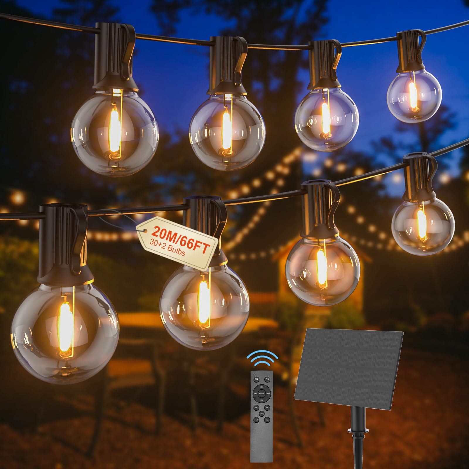 Pogestrand Luci Solari Da Esterno G40 20M Con Ricarica USB O Solare Duale Festoon Lights 24V Con Telecomando Dimmabile Timer 30 Lampadine Infrangibili Impermeabili Per Giardino