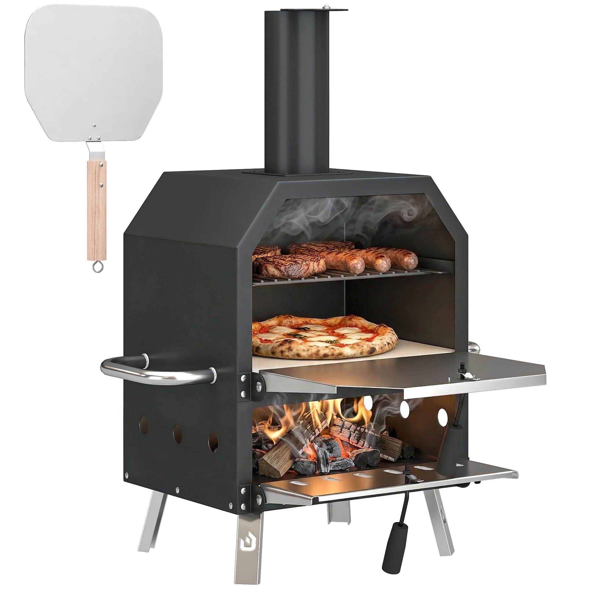 Outsunny Four à Pizza Extérieur à Bois et Charbon - Combiné Barbecue Fumoir 2 Étages avec Pierre de 30 cm et Pelle - Portable avec Pieds Pliables pour Camping Jardin Terrasse, Noir