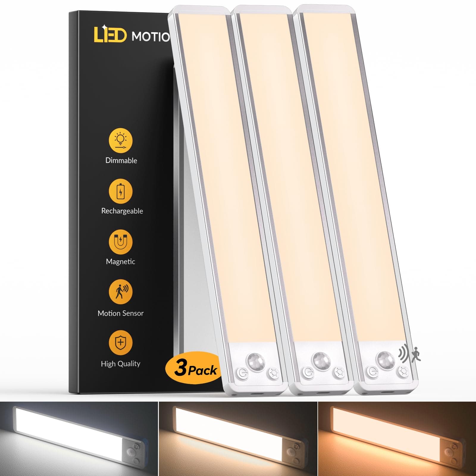Lumiere Detecteur de Mouvement Interieur 30CM(Lot de 3) - Reglette LED Cuisine 3 Couleurs, 2200mAh Longue Durée, Dimmable, Rechargeable USB-C, Lampe de Penderie Magnétique et Sans Fil pour Escaliers