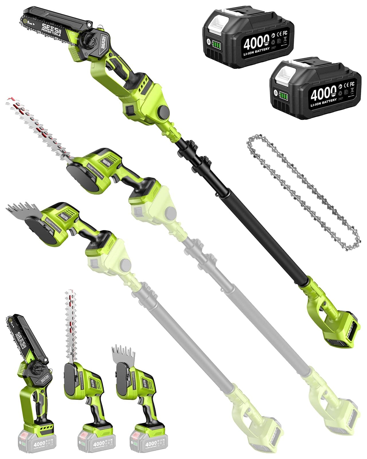 Supstable Set da Giardinaggio 6 in 1 a Batteria: Mini Motosega & Tagliasiepi, Potatore Telescopico con 8000mAh Batterie, Raggiunge fino a 4,57 m, Ideale per la cura degli alberi e il taglio del legno