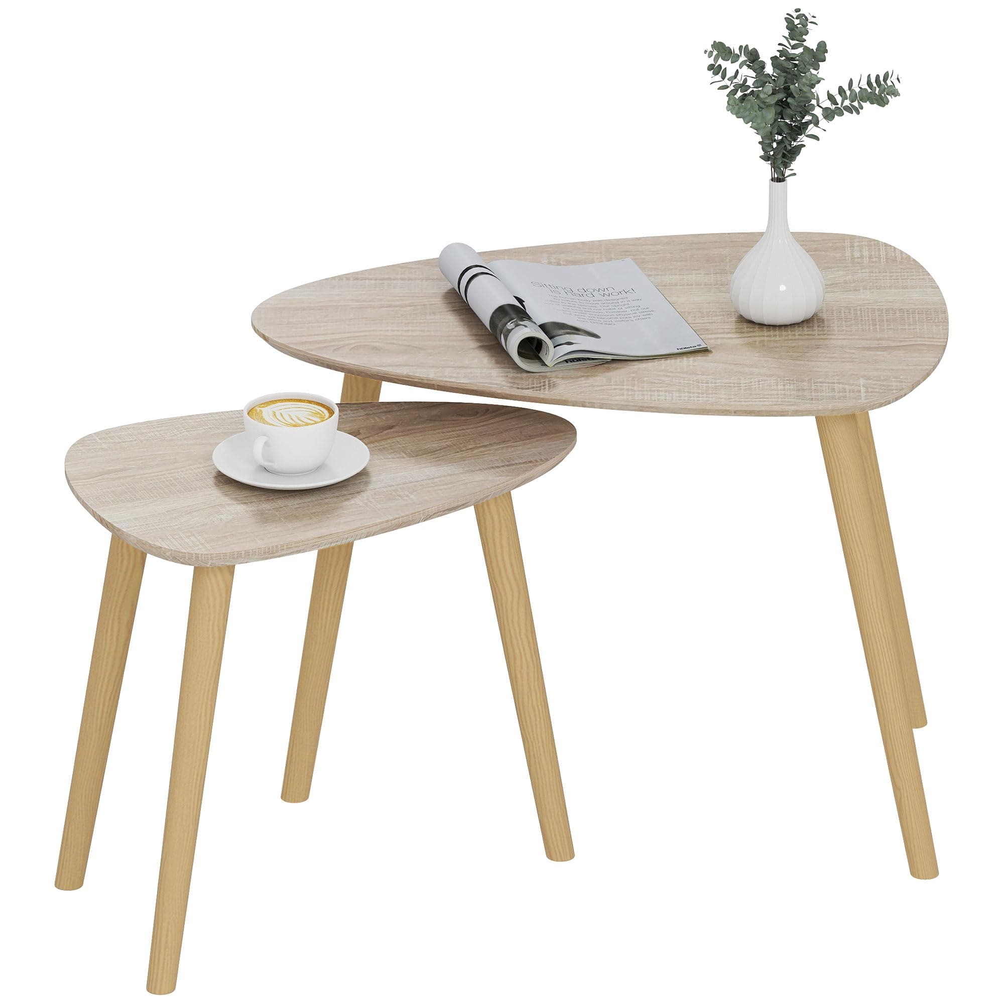 HOMCOM Lot de 2 Tables Basses gigognes Design scandinave Pieds en Bois et Plateau en Bois, Aspect Naturel