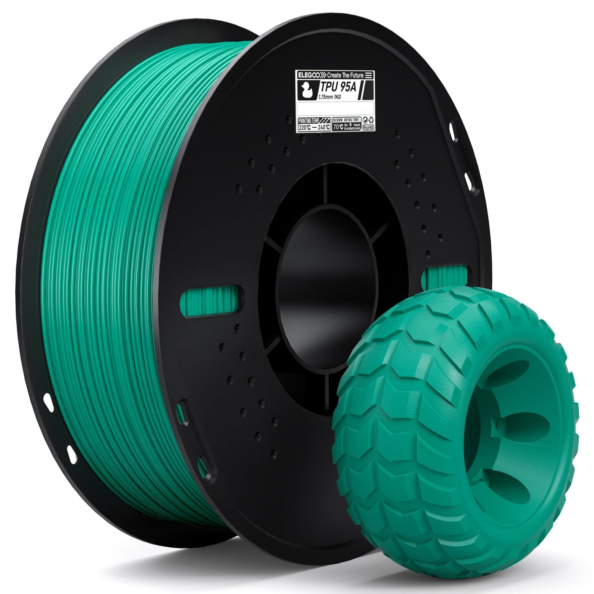 ELEGOO Filamento TPU 95A 1.75mm 1KG Verde, Filamento Flexible 95A Suave para Impresoras 3D, Carrete de Plástico, para La Mayoría de Impresoras 3D