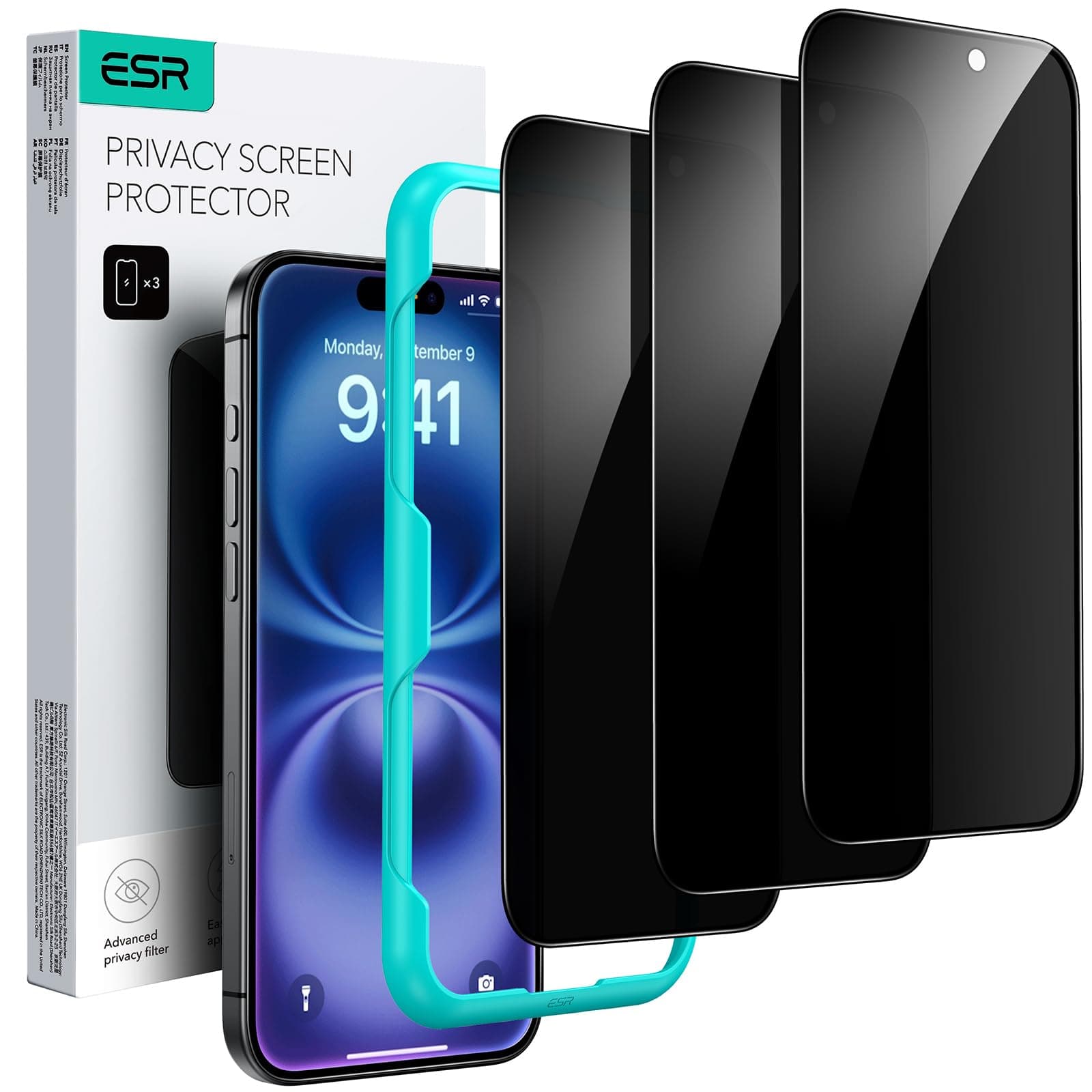 ESR für iPhone 16/iPhone 15 für Panzerglas Sichtschutz 3 Stück, Sichtschutz Panzer Schutz Glas, Sichtschutzfolie mit einfachem Befestigungswerkzeug, mikrogebogene Kanten, 9H Härte, Blasenfrei