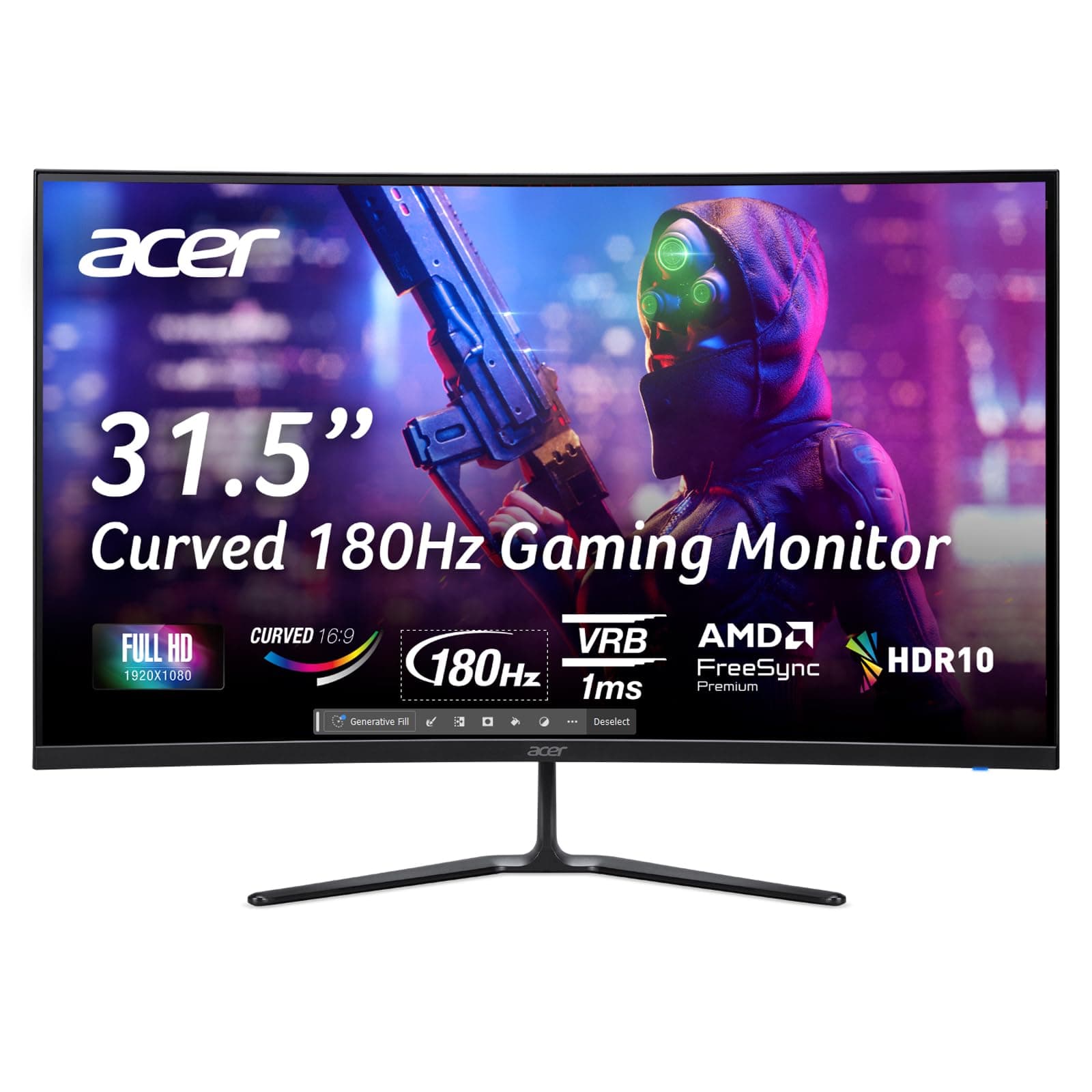 acer Nitro ED320QRS3biipfx Monitor Gaming Curvo FreeSync Premium, 31.5", Display FHD VA,180 Hz, 1 ms (VRB), HDMI 2.0, DP 1.2, Audio out, Zeroframe, Luminosità 250 cd/m2, Cavo HDMI Incluso, Nero