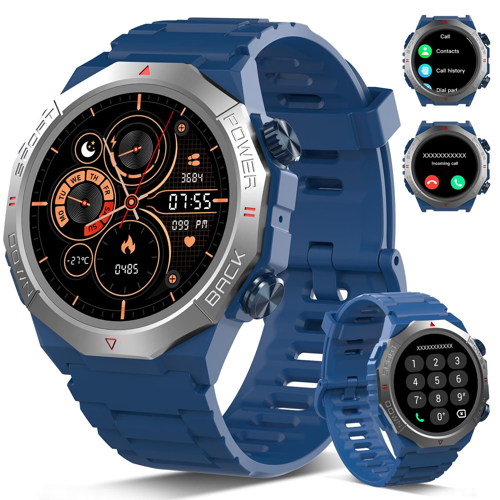 Atheewon Reloj Inteligente Hombre Mujer con Llamadas, 1.39" Militar Smartwatch con 110+ Modos Deportivos, Monitor de Ritmo Cardíaco y Sueño. Pulsera Actividad IP68 Impermeable para Android iOS, Azul