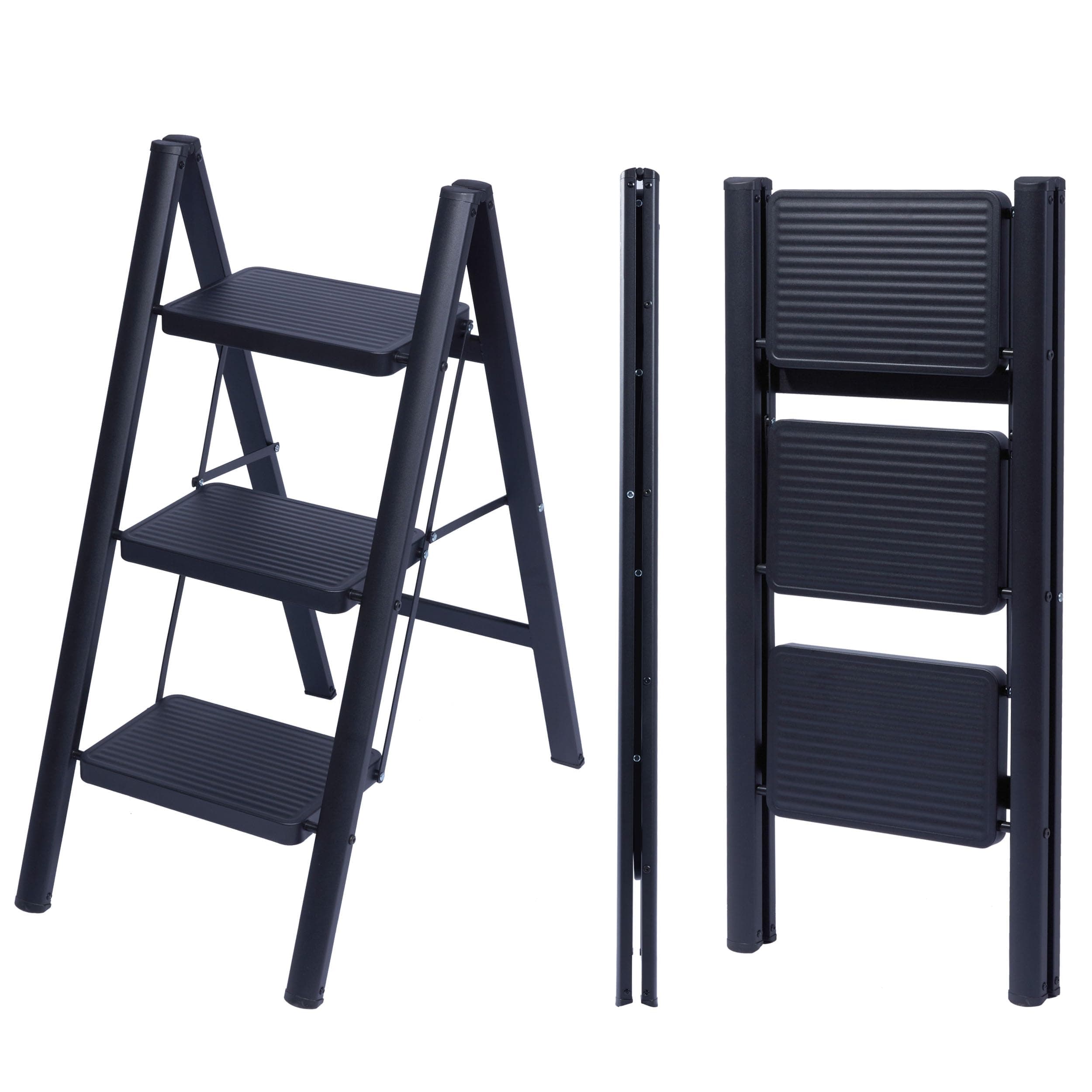 UZIRO Escalera Plegable 3 Peldaños, Escaleras Decorativa, Peldaños Anchos Antideslizantes, Ideal para Uso en Hogar, Cocina y Oficina, Fácil de Guardar y Transportar, Resistente (Negro, 3 Peldaños)