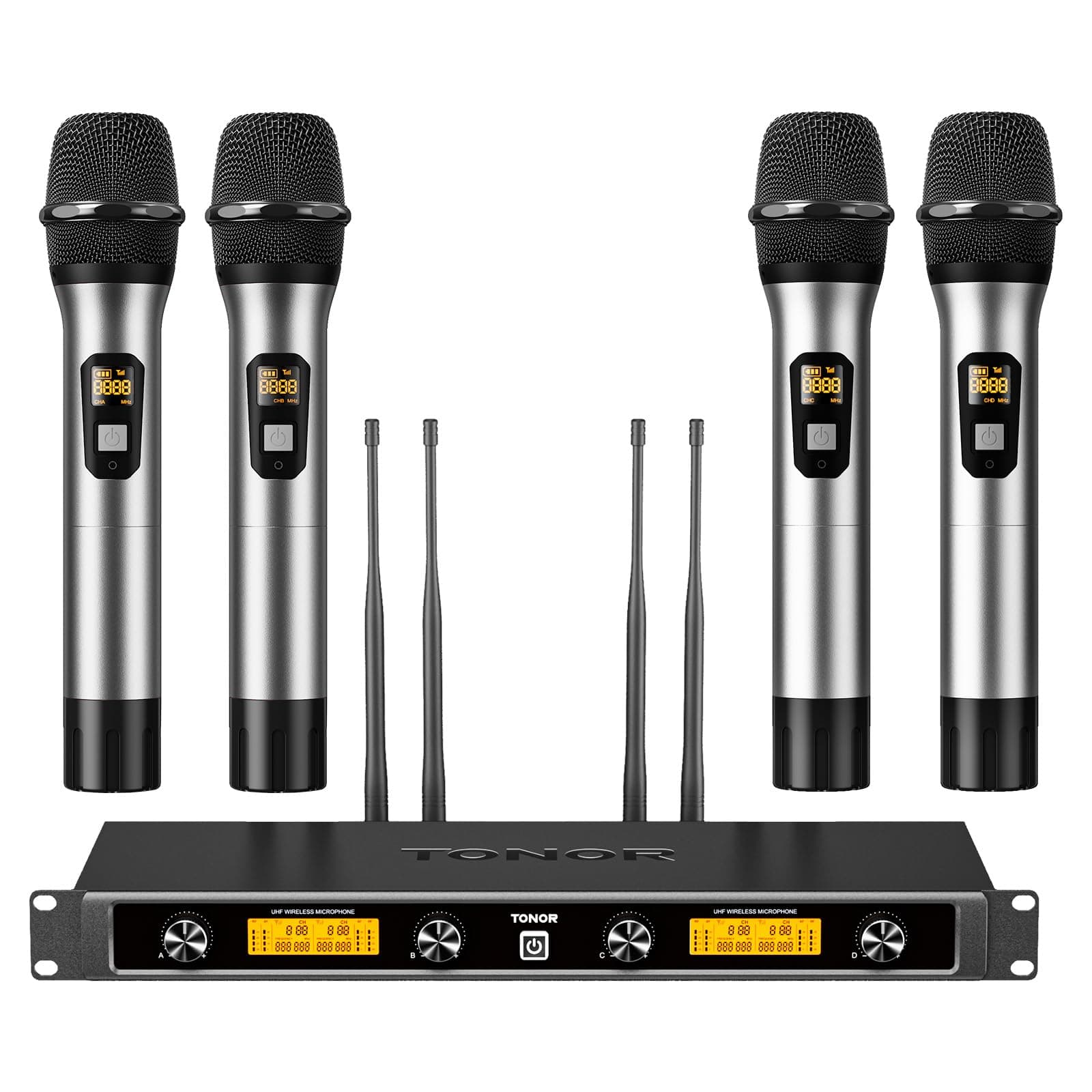 TONOR Sistema de Micrófonos Inalámbricos, 4x5 Canal UHF Micro de Metal, 4 Microfono de Mano de Frecuencia Ajustable, Multiset Operación, 90m Ideal para Karaoke Canto, Boda, Iglesia, reunión, Plata