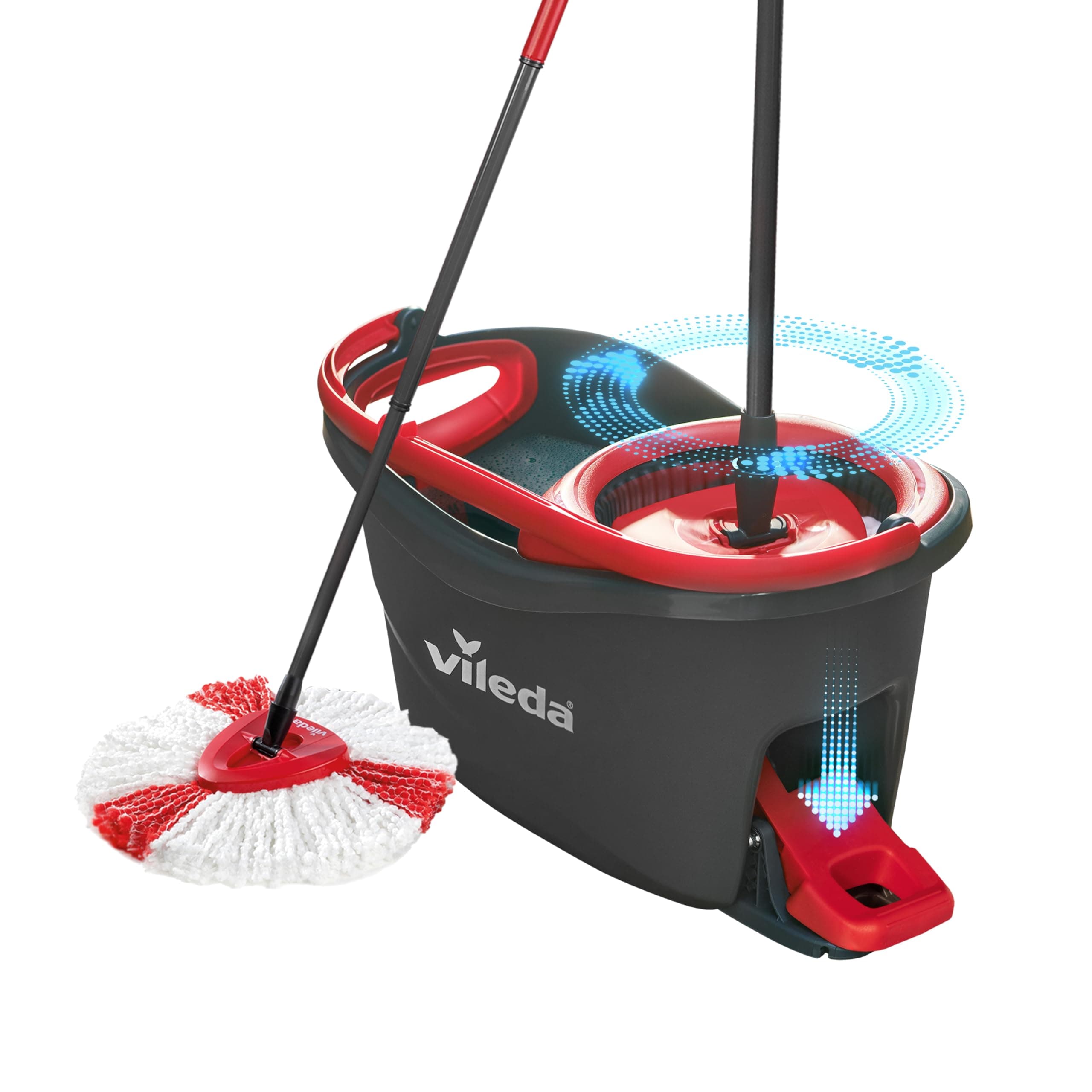 Vileda Turbo 2en1 Kit Complet Lavage Sol, Manche télescopique 85-123 cm, Balai avec Seau essoreur, Tête de serpillière en Microfibres 2in1, Balai à Frange à système Rotatif avec Seau à pédale