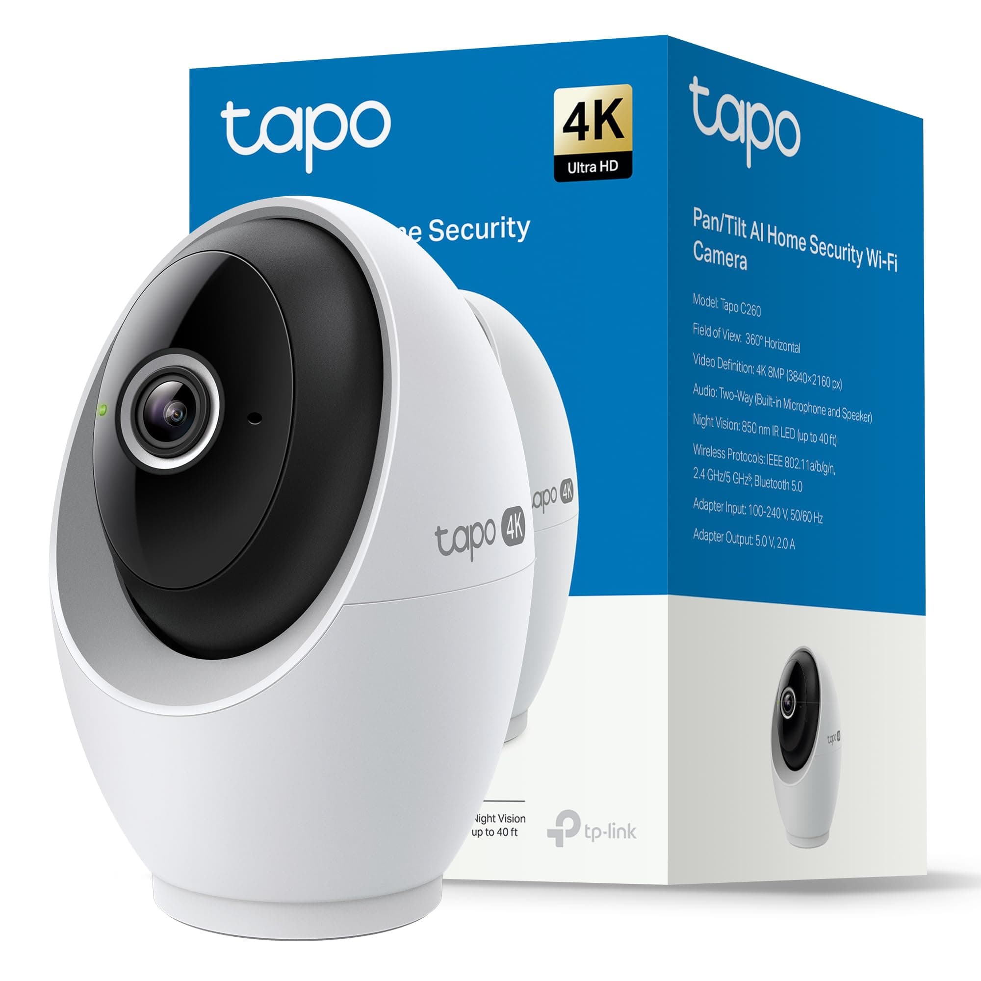 Tapo C260 - Cámara de vigilancia WiFi Interior, Seguridad doméstica, 4K 8MP 360°, detección AI, grabación Local/Nube, privacidad física, Zoom 18x, Seguimiento, Audio bidireccional, microSD