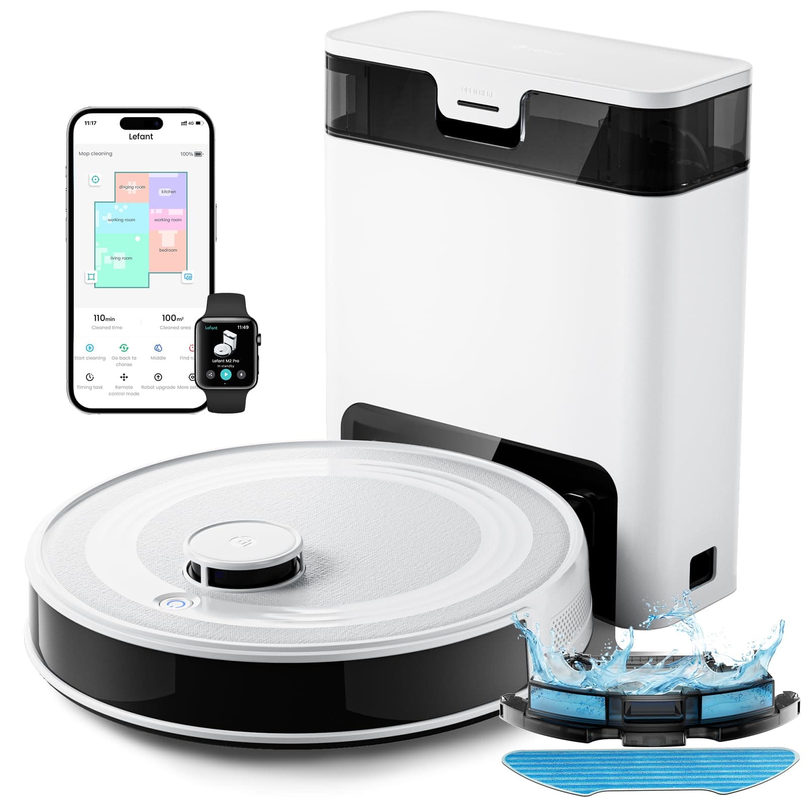Lefant M2 Pro Robot Aspirateur Laveur avec Cartographie, Navigation Laser dToF, Puissance d’Aspiration 6000 Pa, Station de Vidage Automatique, Navigation PSD, Nettoyage Personnalisé, App/WiFi/Alexa