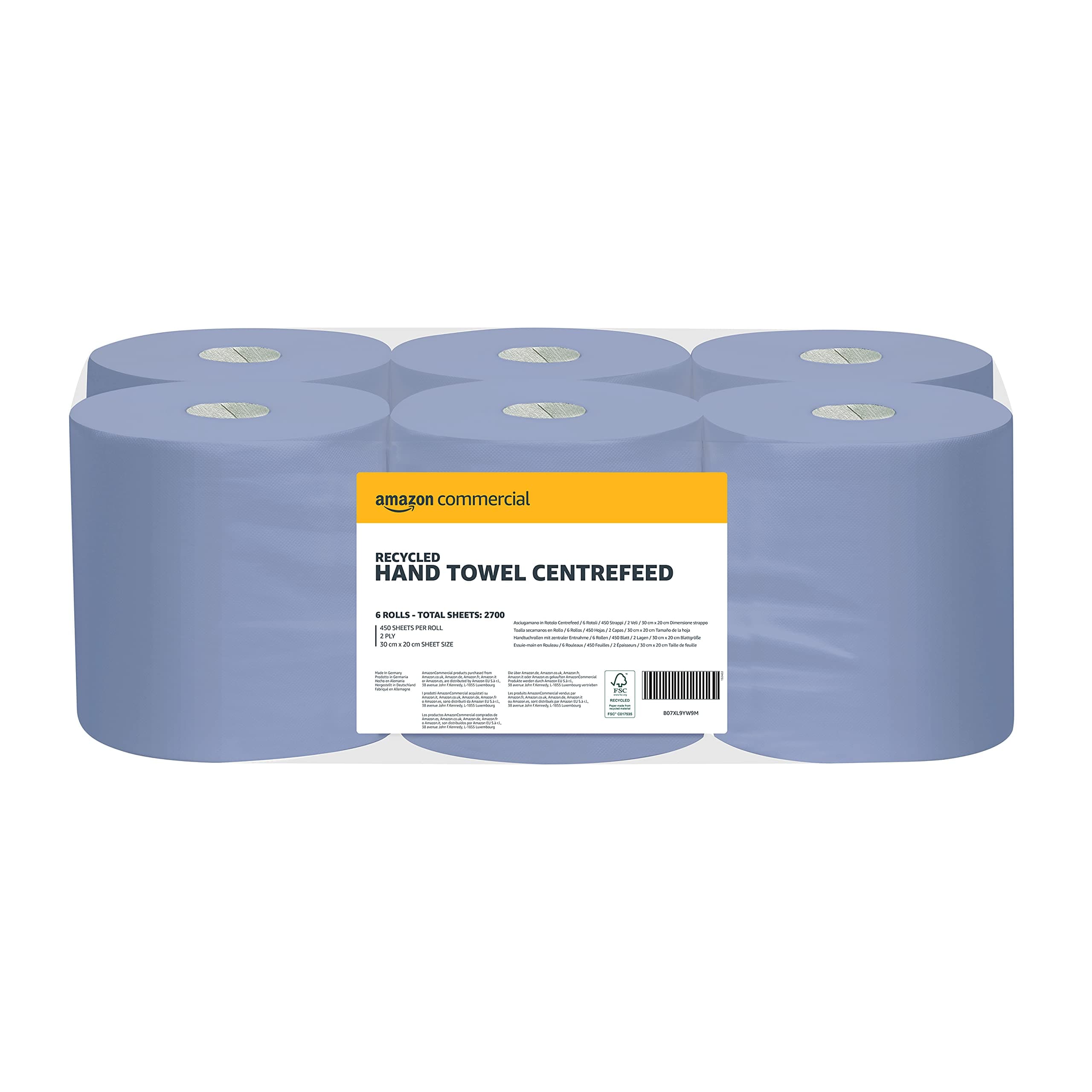 AmazonCommercial Asciugamani di Carta, Rotolo Centrefeed 2 Veli Riciclata, 6 Rotoli (1 confezione), 450 Fogli per Rotolo, Dimensione del Foglio: 30 cm x 20 cm
